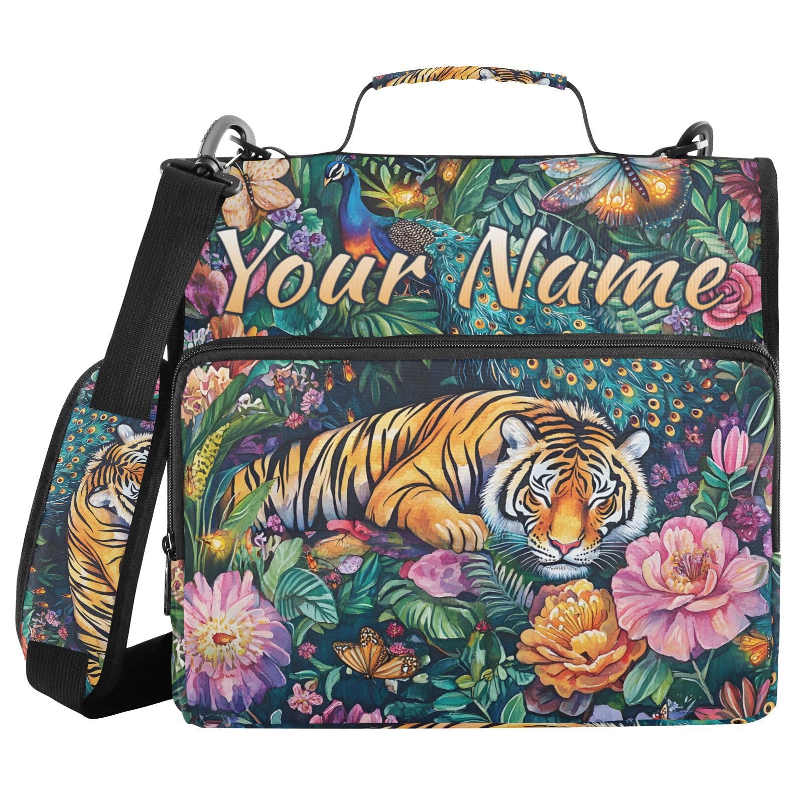 Custom 3 Ring Zipper Binder Tiger Flowers Personalized Name 1.5 Inch Binders Large Capacity Multi Pockets for School Office Supplies
