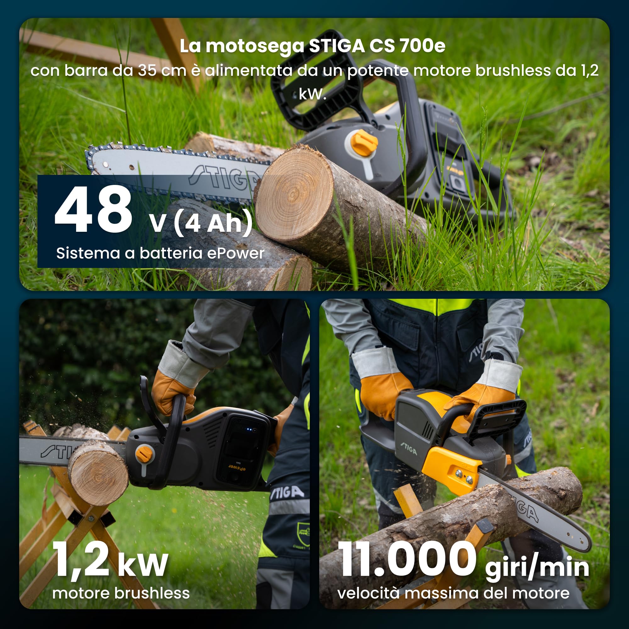 STIGA CS 700e Motosega A Batteria, 48V, Barra 35 cm – Selettore Velocità 16/20 m/s, Freno Inerziale – Potatura E Taglio Di Rami E Tronchi