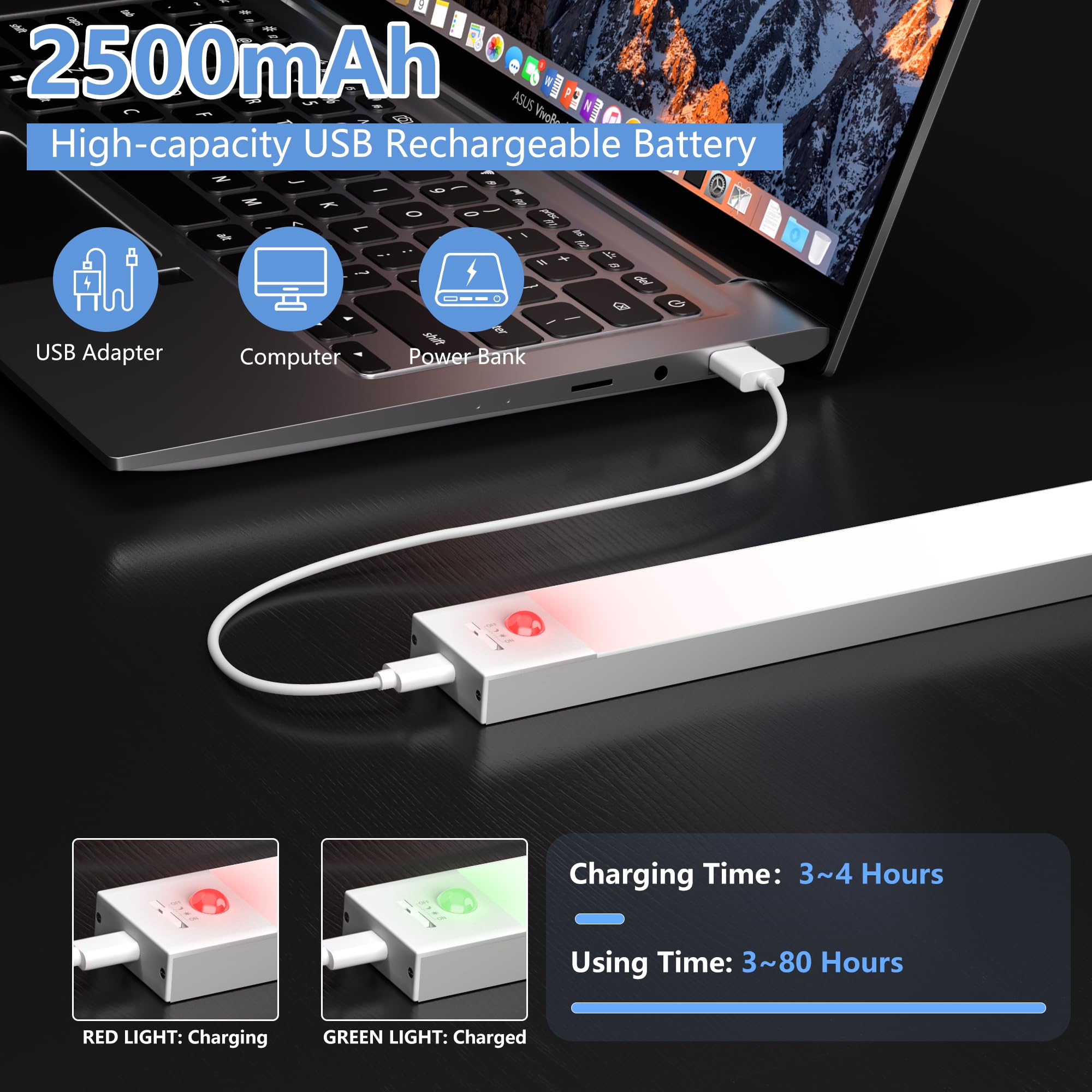 Lámpara LED para armario de cocina, 43,5 cm, 2 unidades, blanco cálido con detector de movimiento, batería interior, luz de armario, barra de luz USB con sensor para armario, armario, maletero, RV | Barra de iluminación LED para armario, barra de luz con