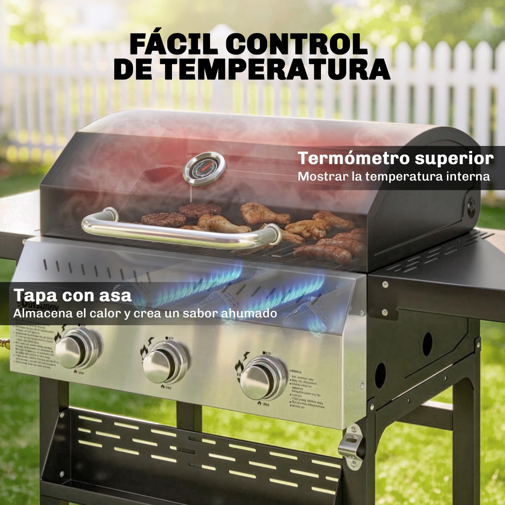 Outsunny Barbacoa de Gas BBQ Gas con 3 Quemadores 9 kW Barbacoa Portátil con Termómetro Mesas Laterales Plegables Estante Rejilla Calentadora Especiero Parrilla Recogedor Grasa 2 Ruedas Ganchos Negro
