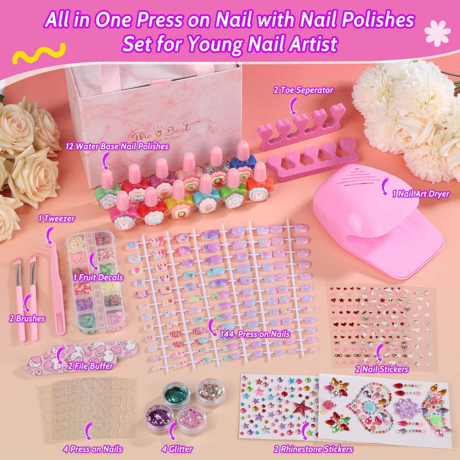 Kids Nail Art Kit with Press-On Nails, Polish, Dryer and Stickers