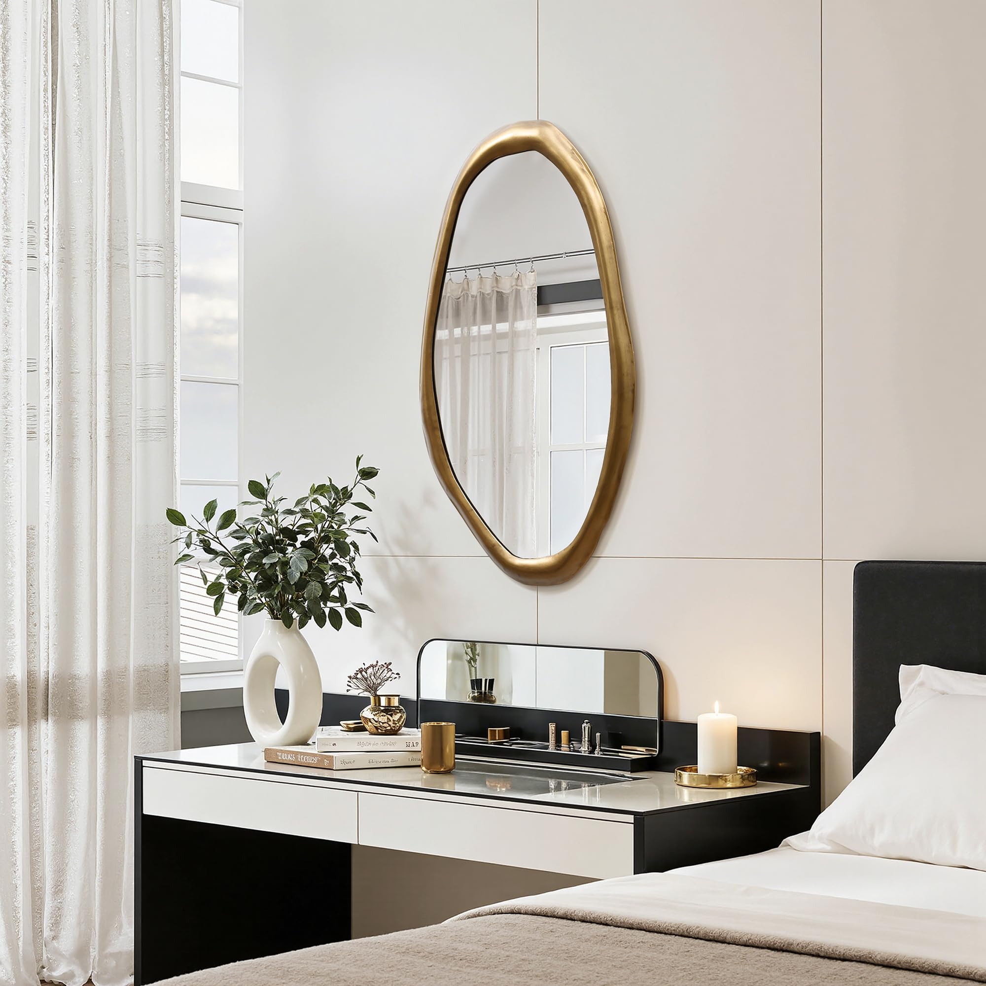 Hometopia Spiegel Asymmetrisch Gold 75x40 cm Dekorative Wandspiegel | Modern HD Spiegelglas Badspiegel mit Metallrahmen, Unregelmäßiger Spiegel für Flur Bad Badezimmer Schlafzimmer Wohnzimmer