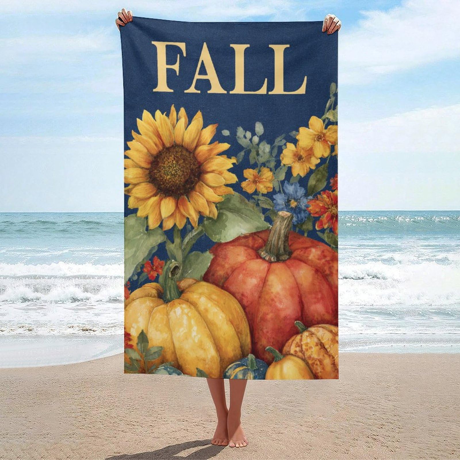 asbwuo Sunflowers Pumpkins Gourds Word Fall Beach Towel