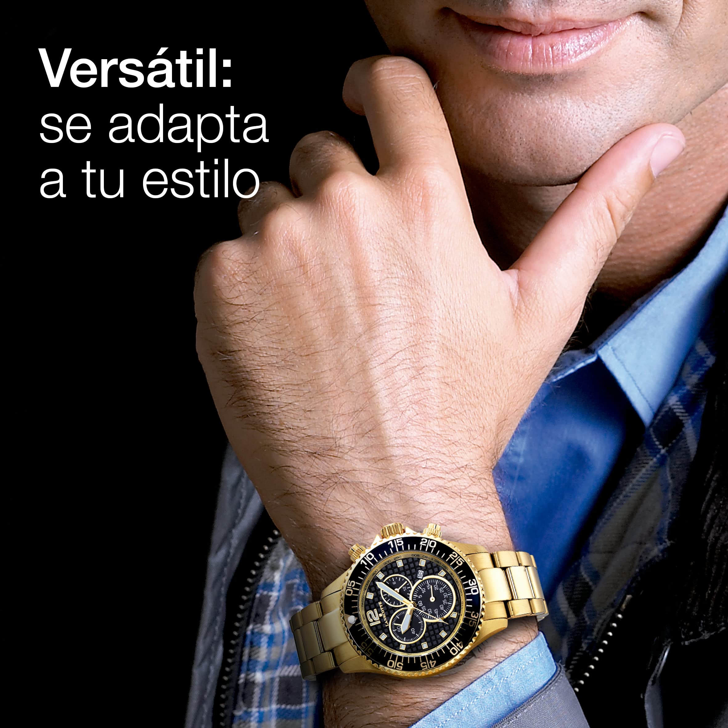 Lanscotte Icon – Reloj Cronógrafo de Hombre 42 mm – Acero Quirúrgico Antialérgico Acabado en Oro 1ª Ley IPG · Bisel Black Enamel · Cristal Tipo Zafiro · Taquímetro · 10 ATM