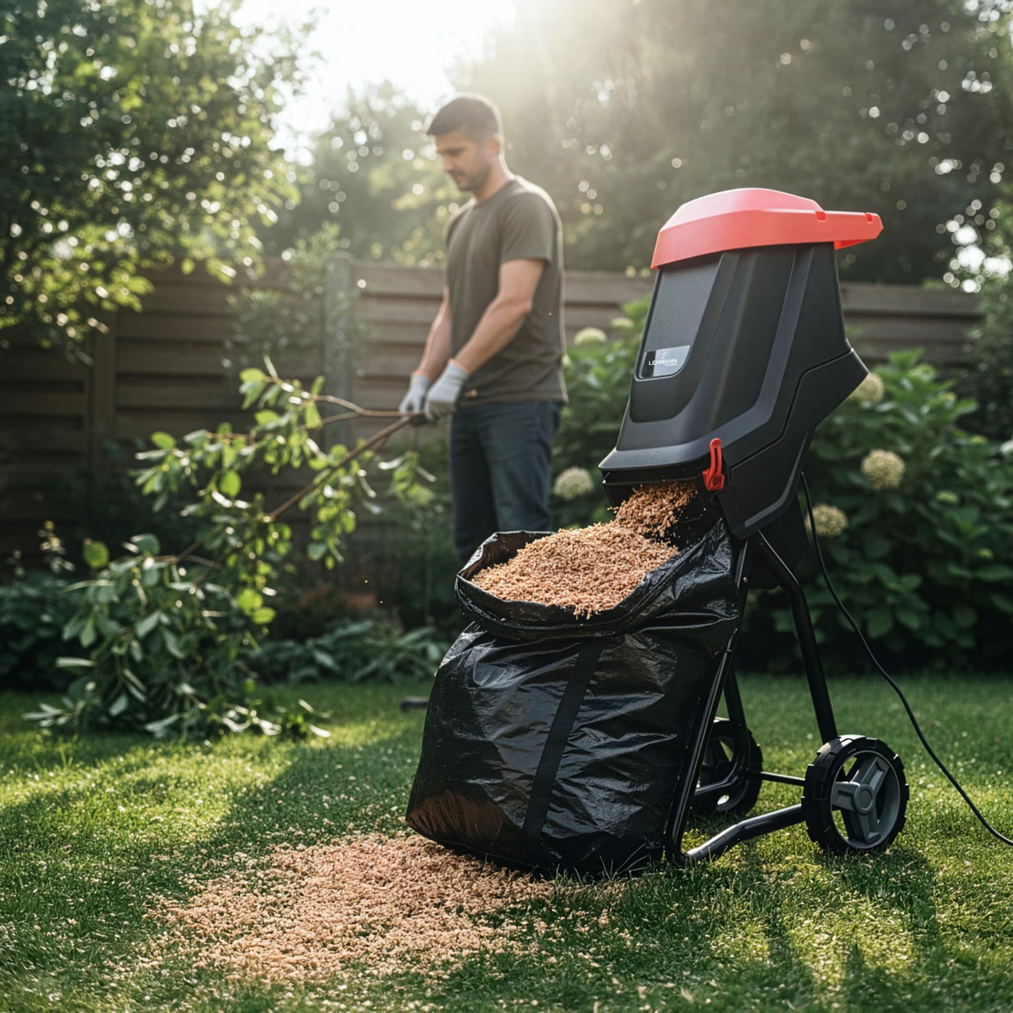LEHMANN Broyeur de Végétaux Électrique, Épaisseur de Coupe jusqu'à 45 mm, Sac 45 L, Lame en Acier au Carbone SK5, Silencieux, Kit d'Accessoires de Jardin – Sécateur et Lunettes de Protection