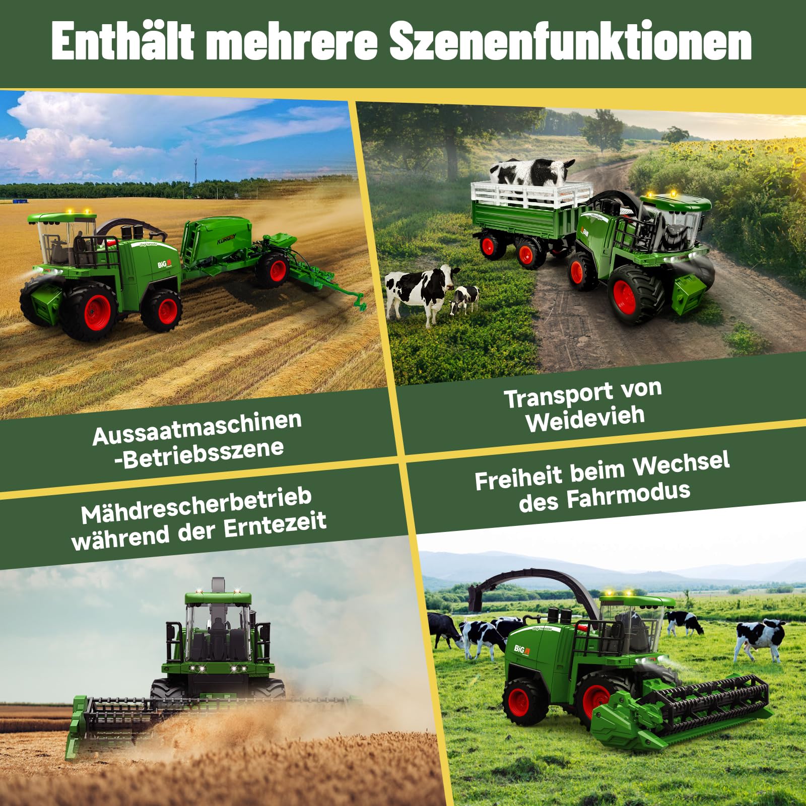 Ulikey RC Mähdrescher Spielzeug, Mähdrescher Ferngesteuert Groß, RC Traktor Spielzeug Kinder Rasenmaeher mit Anhänger, Sprühen, Licht und Ton, Harvester Bauernhof Fahrzeug Spielzeug ab 3 4 5 6 Jahre