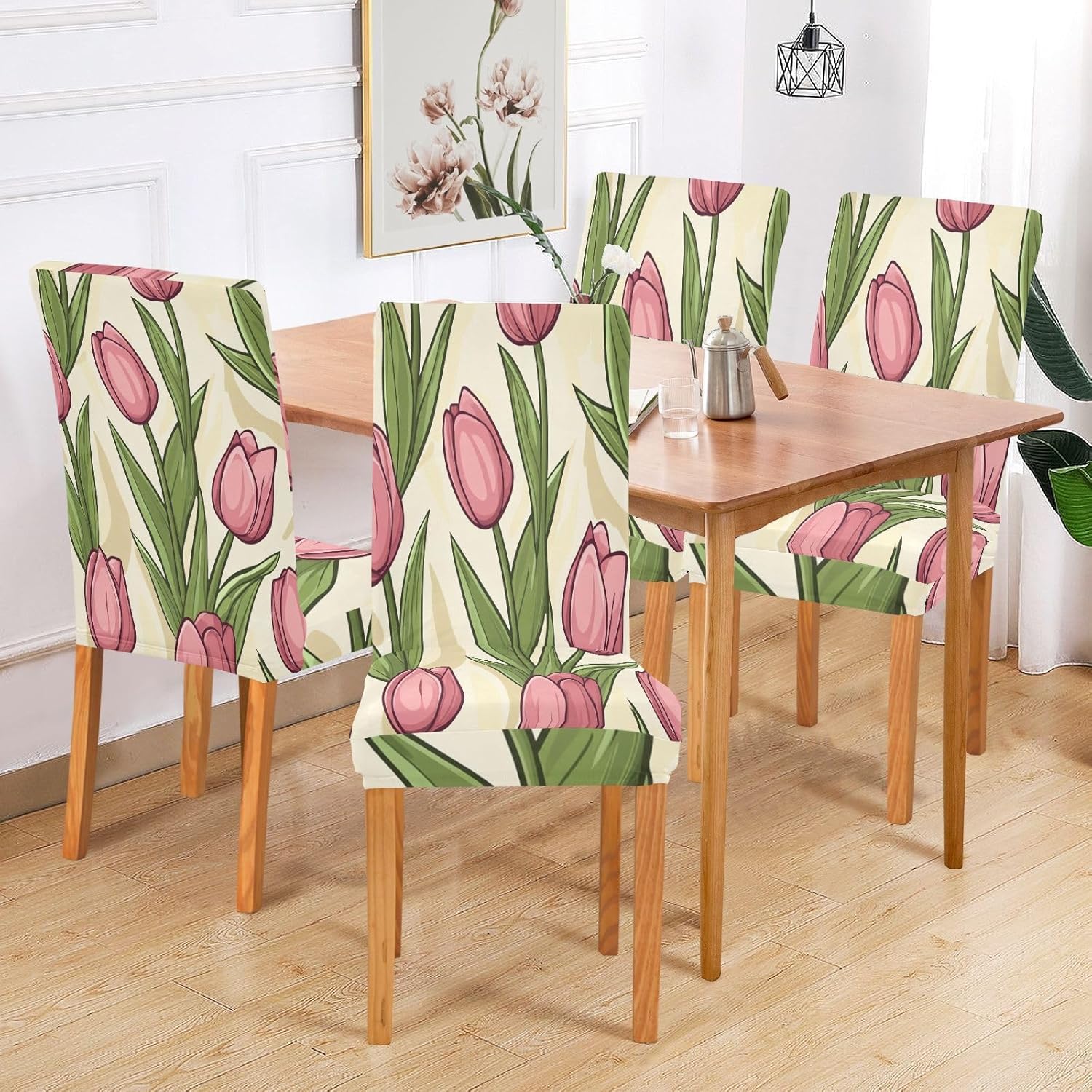 ALAZA Chair Covers for Dining Room, Spring Tulip Pink Floral Stretch Chair Cover Sets Chair Protector Removable Washable for Ktichen Restaurant Hotel