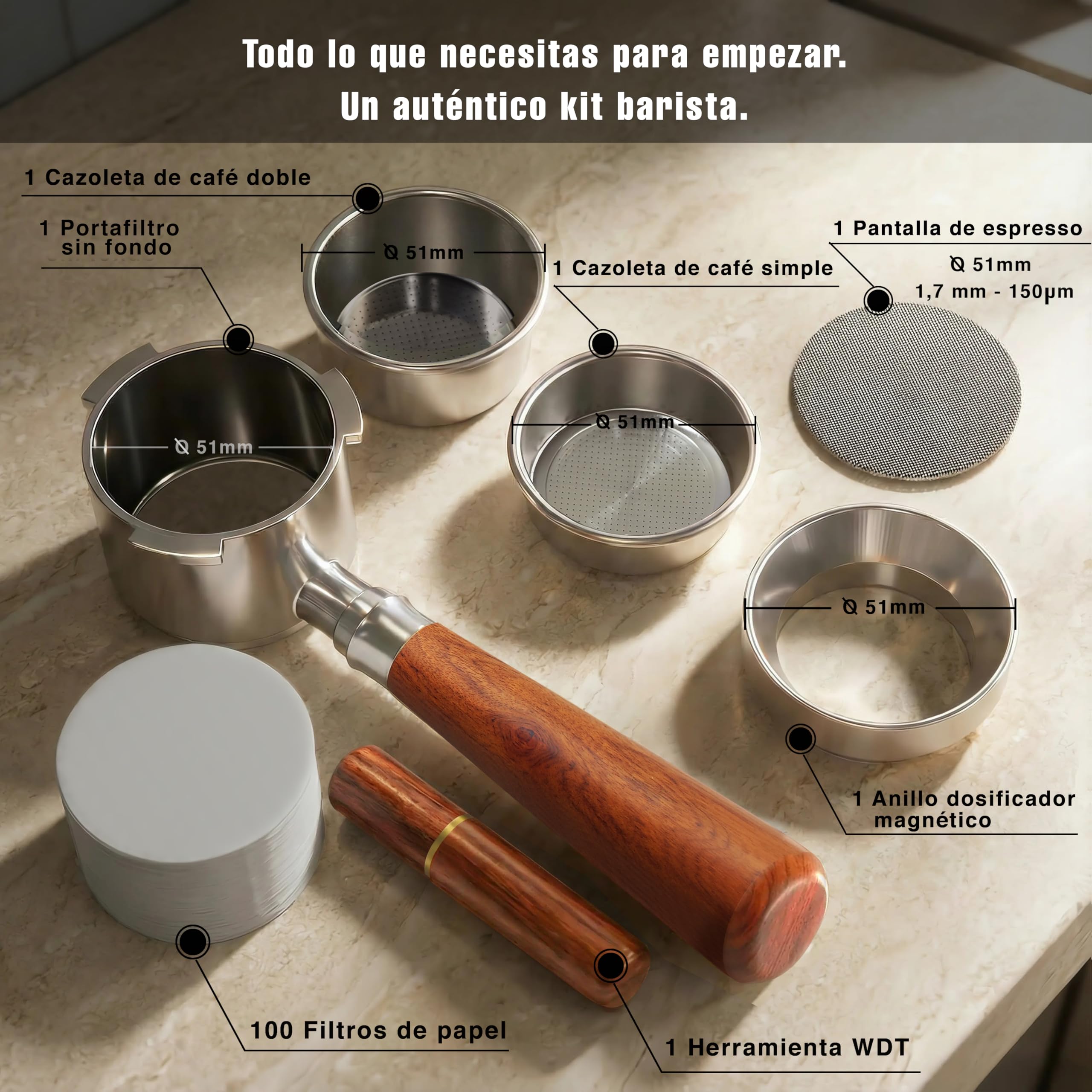 Portafiltro Sin Fondo 51mm para Espresso Preciso, Compatible con Portafiltro Delonghi Dedica, Incluye Kit Barista 51mm para una Preparación más Consistente, Madera Palosanto