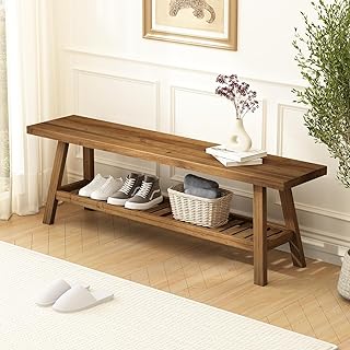 Reclaimed Solid Wood Bench-55 Inches Farmhouse Entryway Bench with Stora...