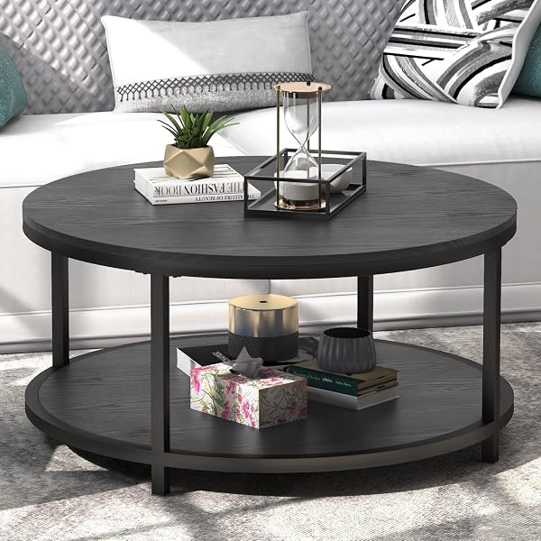 WiberWi Round Coffee Table 35.8 Rustic Vintage Industrial Design Furniture Sturdy Metal Frame Legs Sofa Table Cocktail T