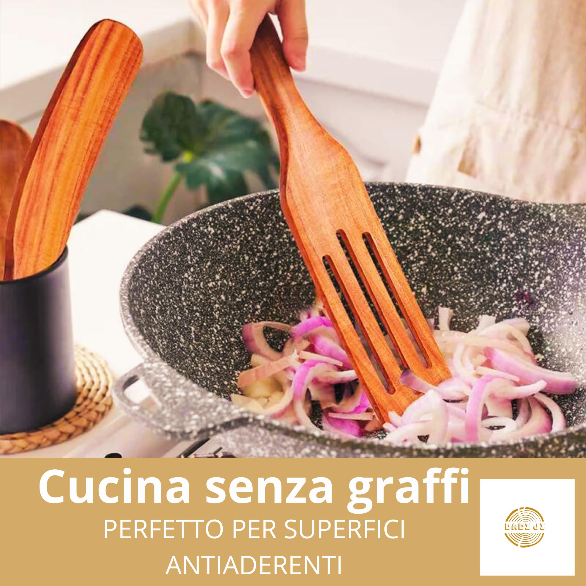 Set 4 Spatole In Legno Di Teak - Utensili Cucina Naturali, Antigraffio, Con Foro Per Appendere - Foto 8