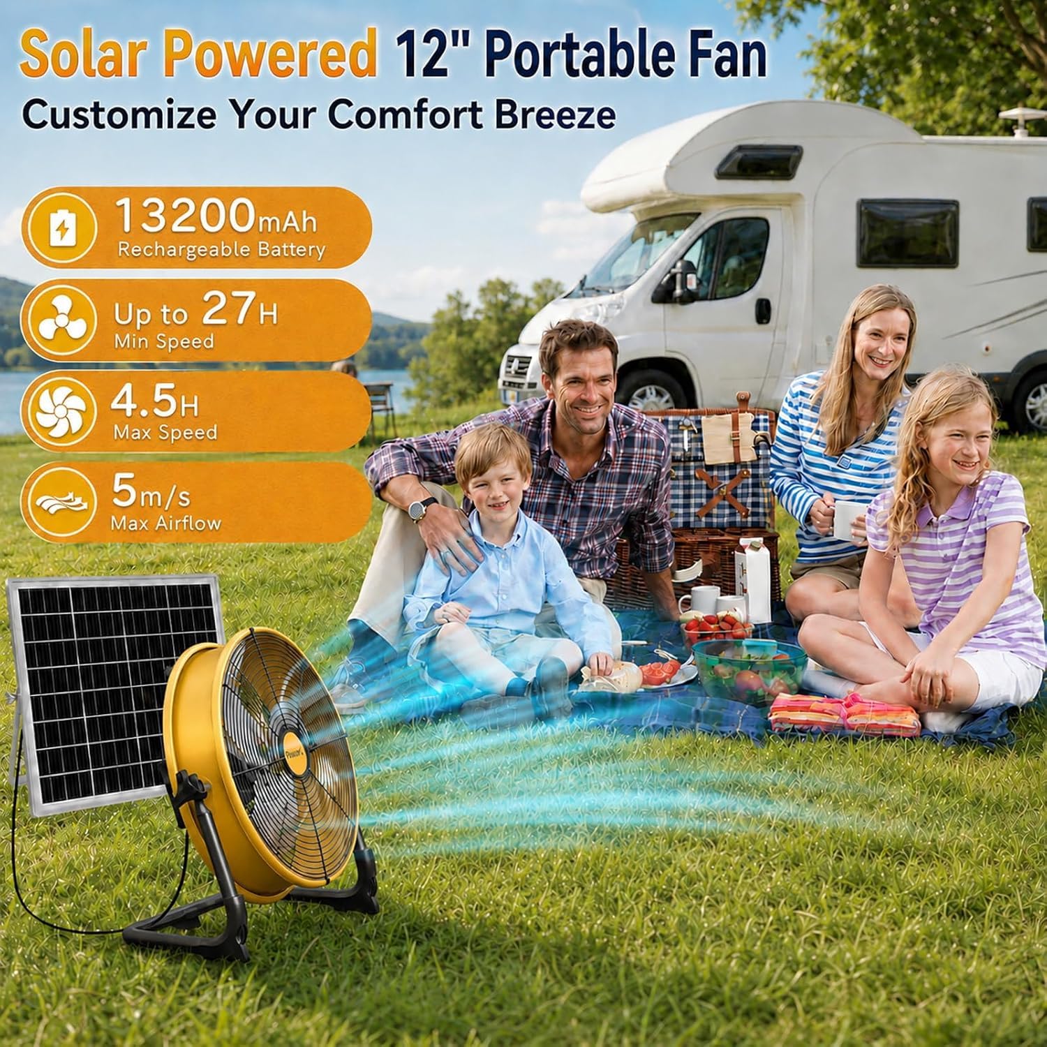 T-SUNUS Ventilatore Solare da Pavimento, Ventilatore Industriale da Pavimento Potente Ricaricabile, Silenzioso, Regolazione continua della velocità per Campeggio Cantiere Magazzino Fabbrica Ø 30cm