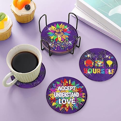 Miniatura 4 de 8 posavasos con diseño de diamantes para concientización sobre el autismo, con soporte, para concientización sobre el autismo, para adultos,