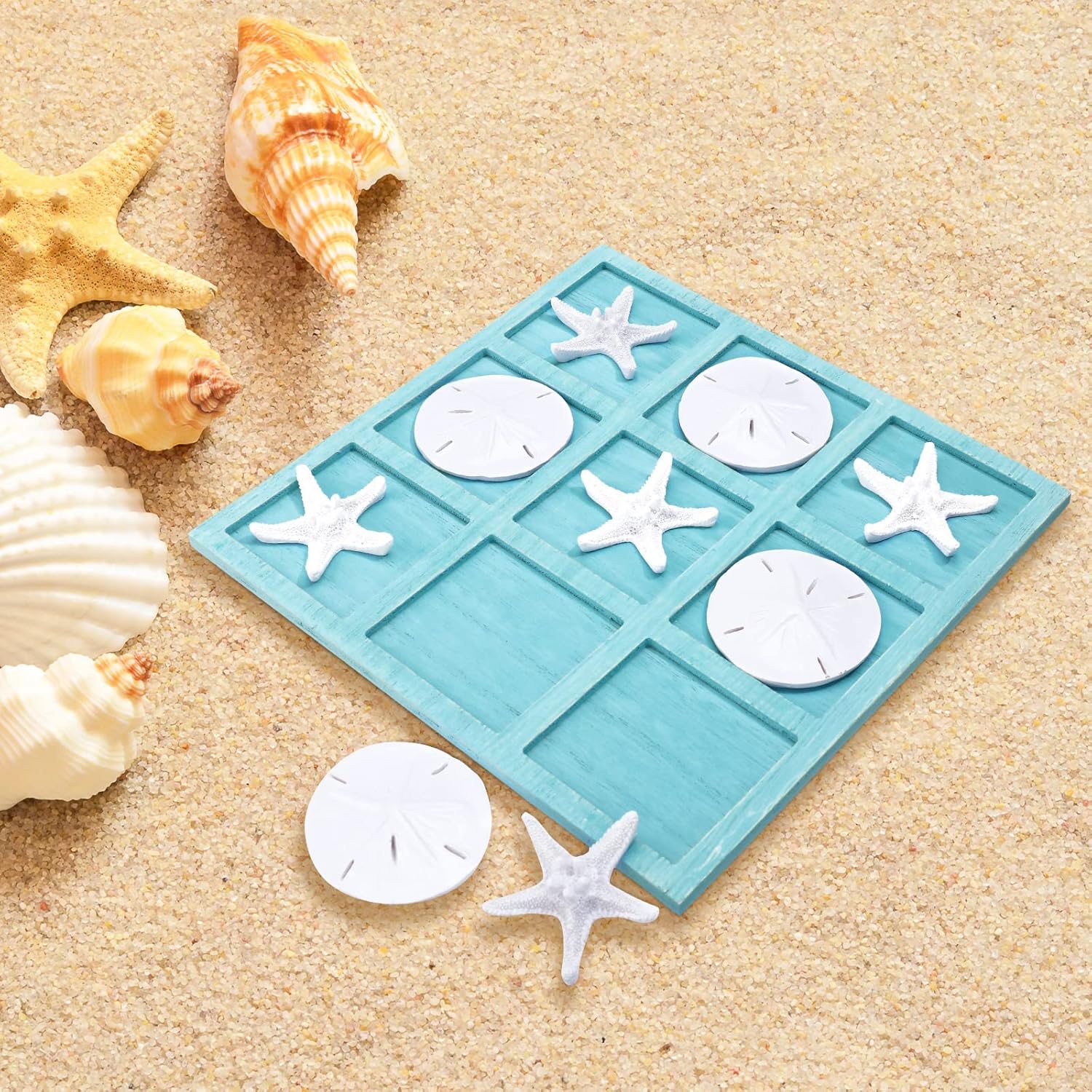 Sumind Beach House Decor Wooden Tic Tac Toe Game with Resin Seashell and Starfish Multilayer Tic Tac Toe Board Fun for Family Travel Beach Game, 8.6 x 8.6 inches(Blue)
