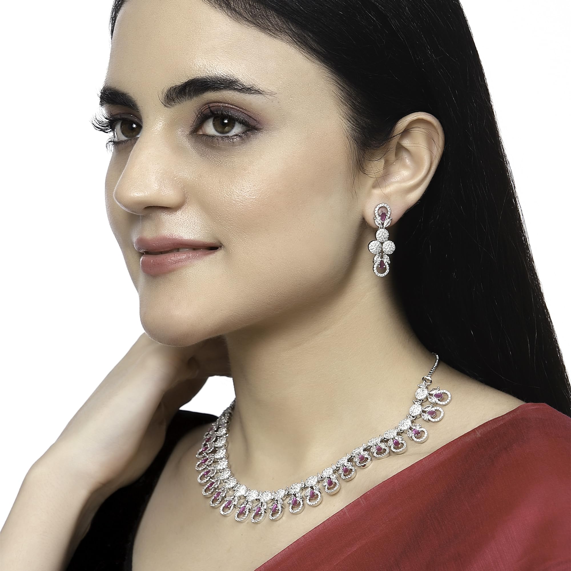 Rhodium-Plated American Diamonds Studded Necklace Set