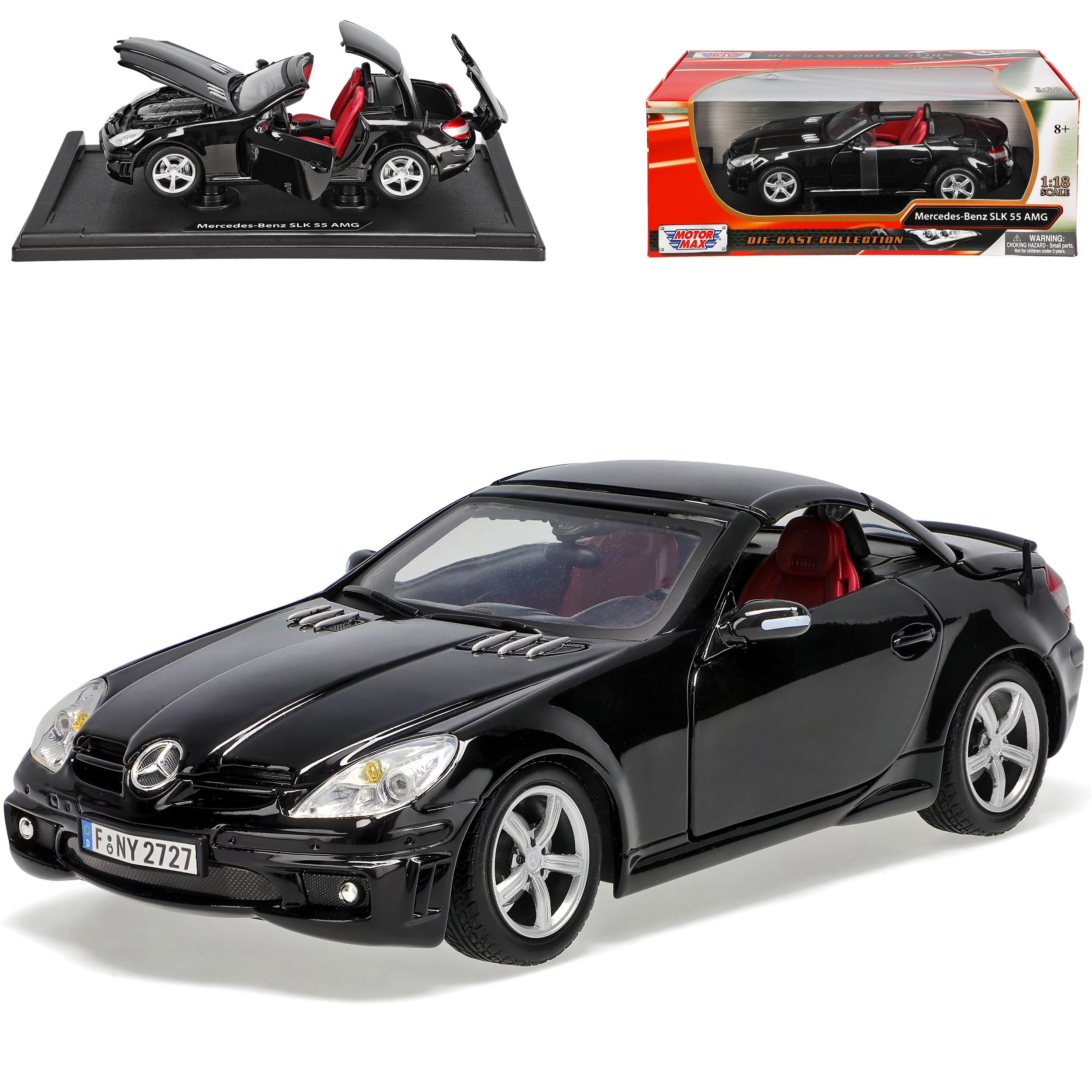 Motormax Mercedes-B SLK R171 2004-2011 55 AMG Schwarz Öffnendes Dach Coupe Cabrio 1/18 Modell Auto mit individiuellem Wunschkennzeichen