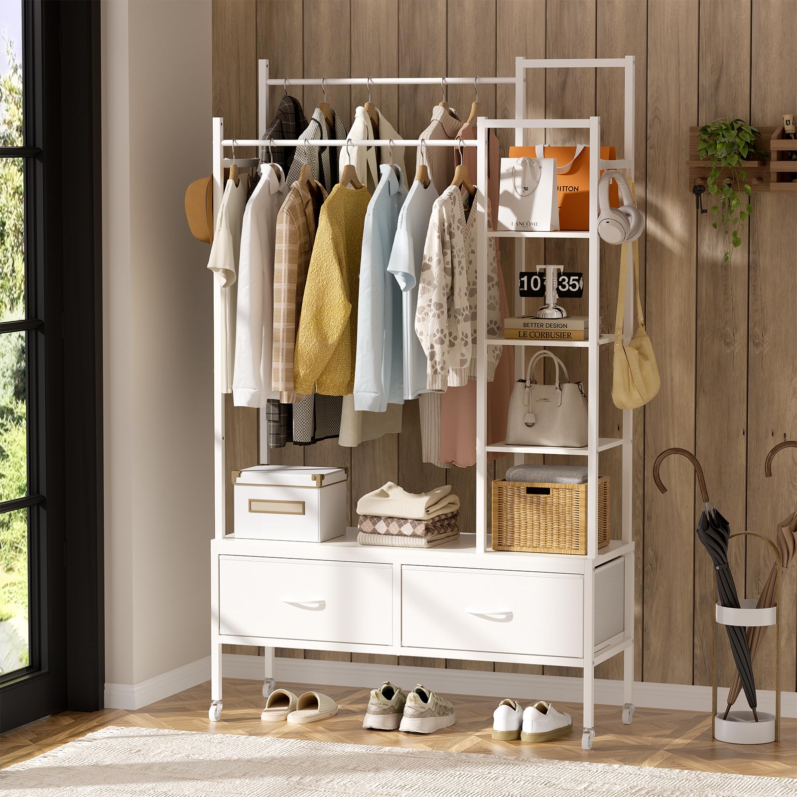 Amazon｜Naotico ハンガーラック 引き出し付き 2段 棚付き 頑丈 洋服