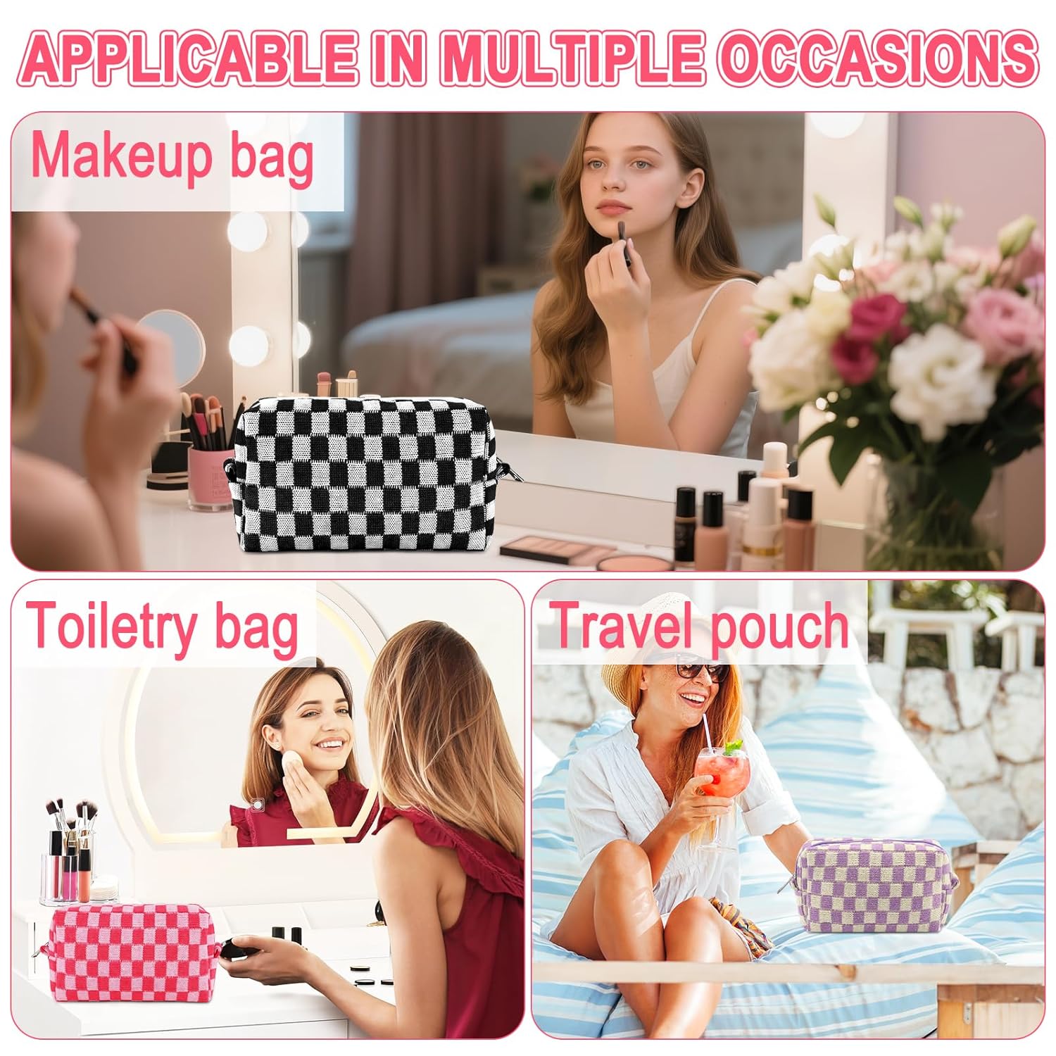 ZLFSRQ 6Pcs Checkered Pencil Case Cute Pencil Pouch for Teens Checkered Makeup Bag Colorful Medium Travel Cosmetic Bag Pink Makeup Pouch for Purse Aesthetic Trendy Zipper Toiletry Bags Organizer - Image 3