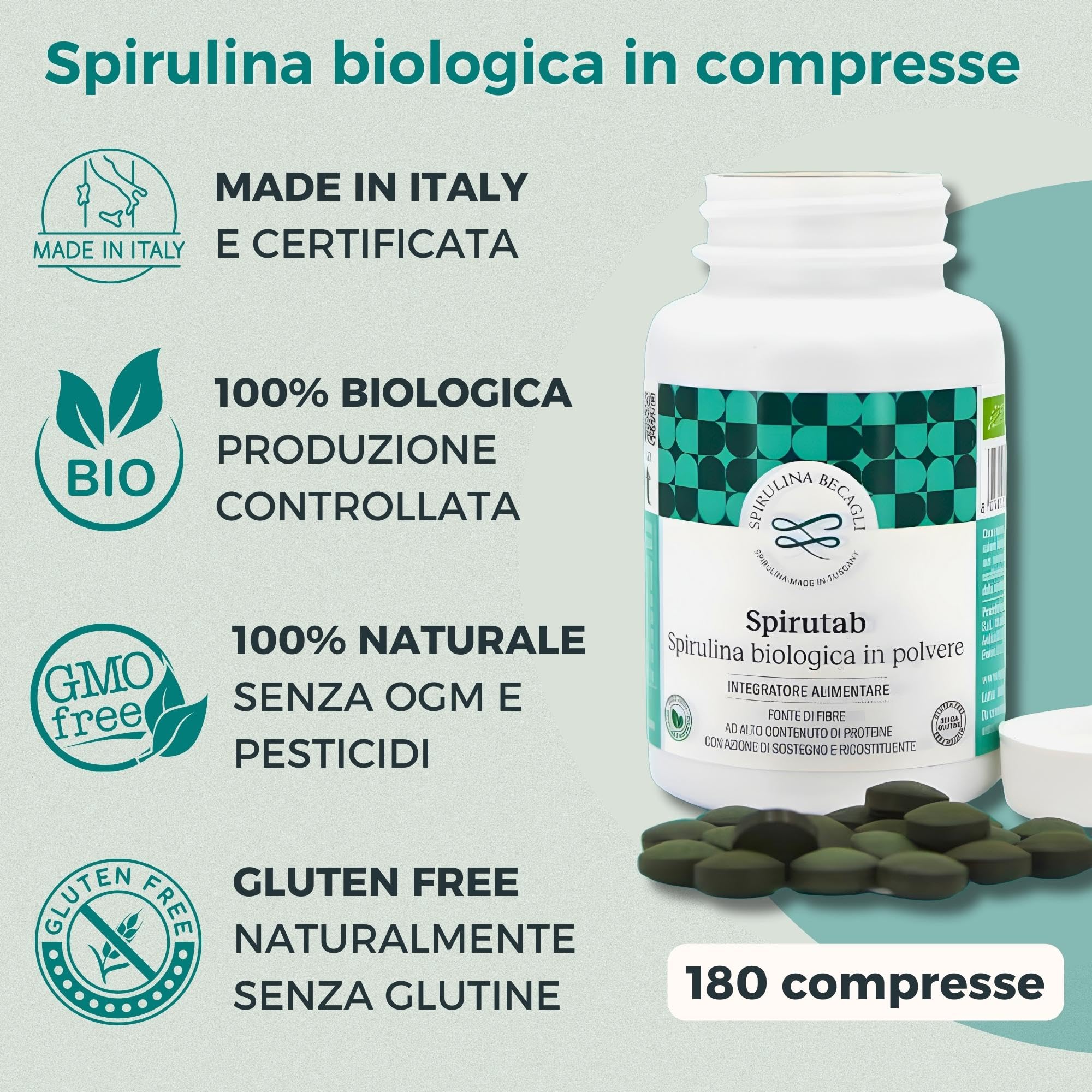 SPIRULINA BECAGLI Spirutab - Spirulina Compresse, Alga Spirulina Integratore Made in Italy, Energia Naturale e Detox, Vegan (180 Compresse (1 Confezione))
