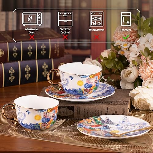 Miniatura 3 de KAMMAK Juego de 2 tazas de té y platillos, tazas de café de porcelana fina de hueso, tazas de espresso apilables de 8.5 onzas, demitasse de cerámica