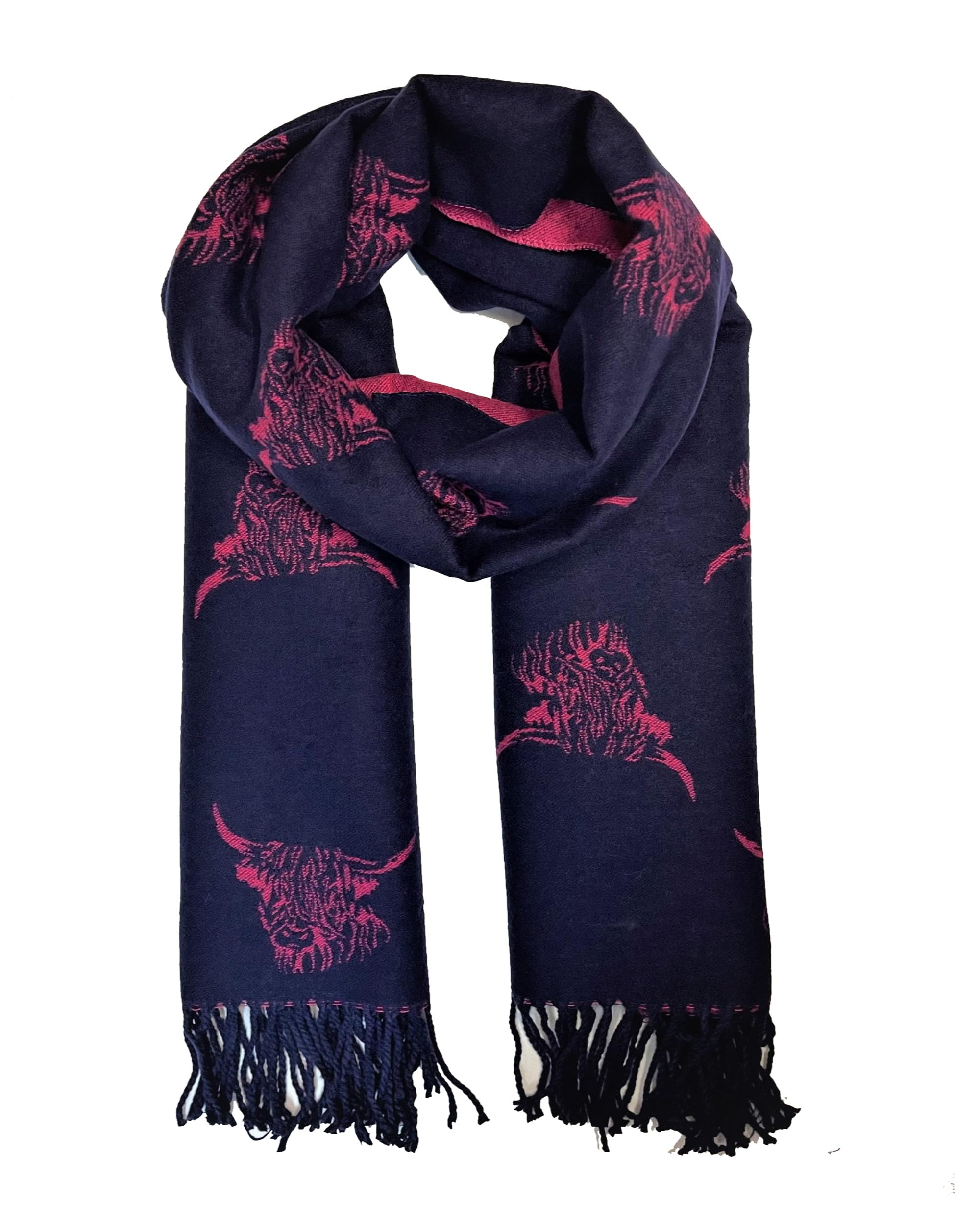 LilyRosa Women's Highland Cow Scarf Pink Black Cattle Coo Cashmere Blend Wrap… (Navy & Pink)