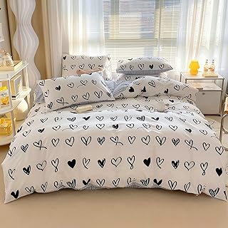 BlueBlue Hearts Kids Duvet Cover Set Queen 100% Cotton Bedding for Boys Girls Teens Cartoon Black White Heart Love Pattern 1 Cute Full Comforter Cover 2 Pillow Shams (Queen)