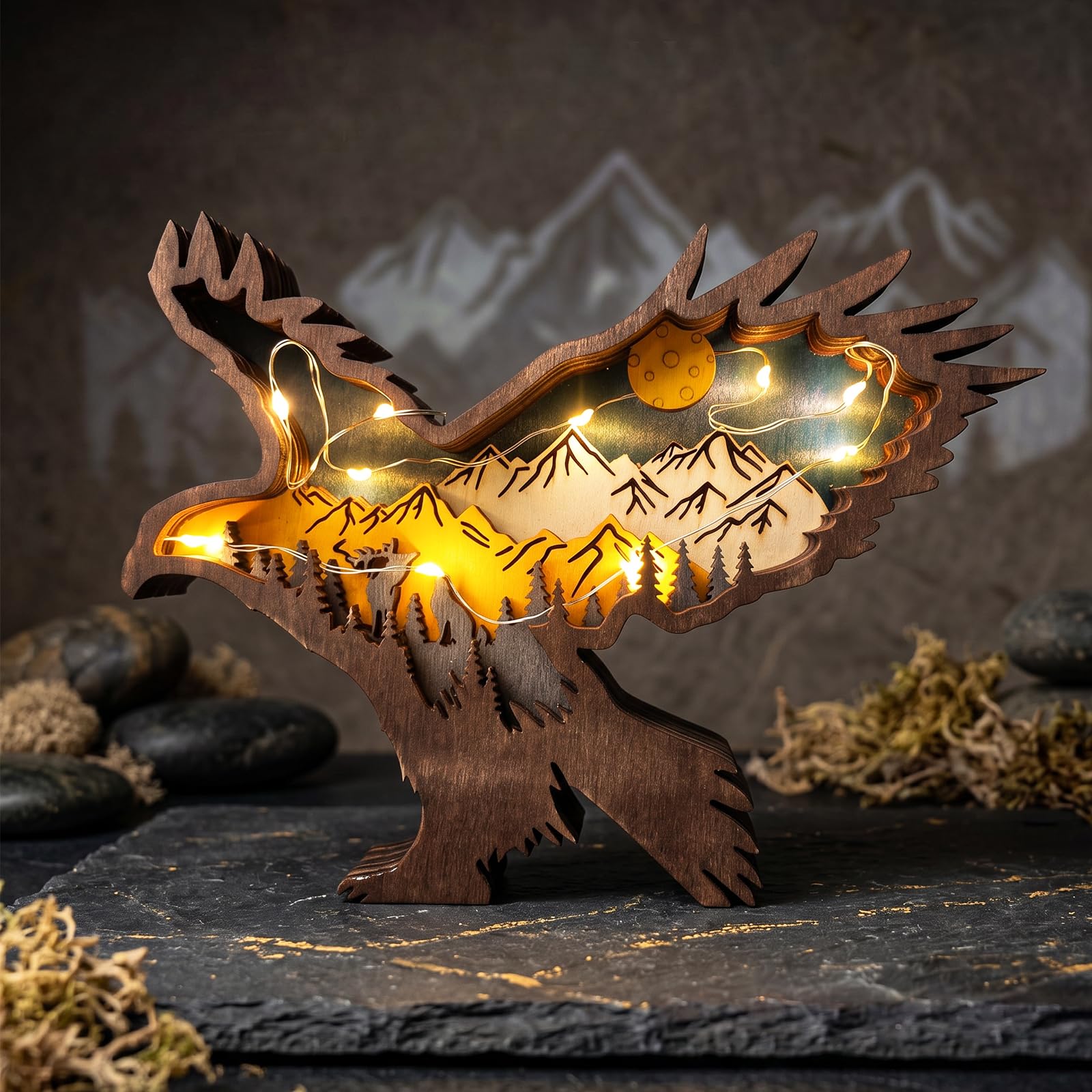 Drawelry 3D Wood Carving Animals Lamp Home Decorative, Cute Bear Family Elephant Presents Ideas Christmas Living Room Office Decor Warm LED Night Lights Gift for Friend (Eagle) — image 1