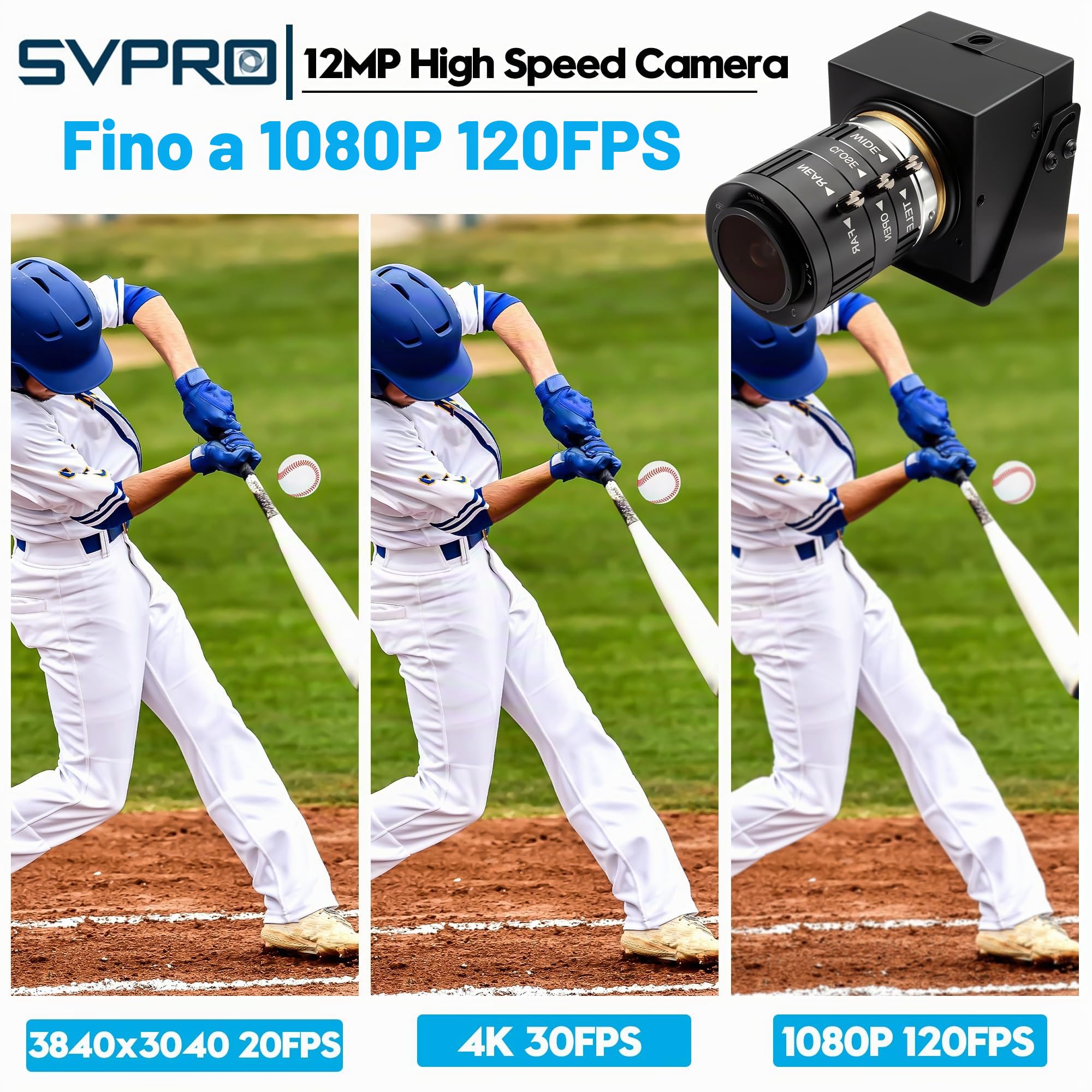 SVPRO Telecamera USB 1080p, 120 fps, 12 MP, 4K, Glof Swing, fuoco manuale 3X zoom ottico, Lightburn UVC PnP per computer portatile