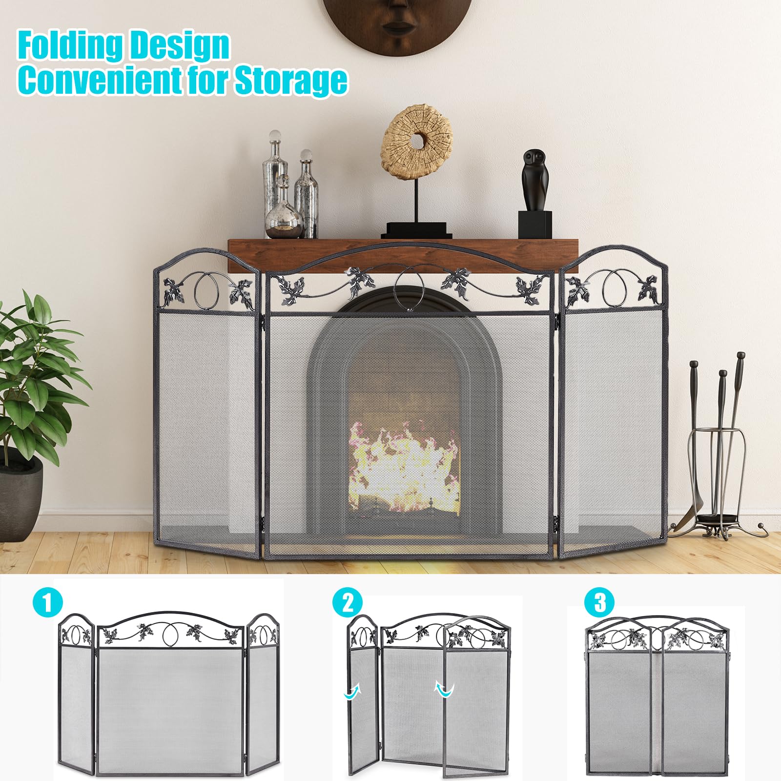 LIFEZEAL Pare-Soleil pour Cheminée Pliable, Pare Feu Cheminée, Grille de Protection à 3 Panneaux en Métal, Filet Décoratif, 127 x 2 x 74 Cm, Noir