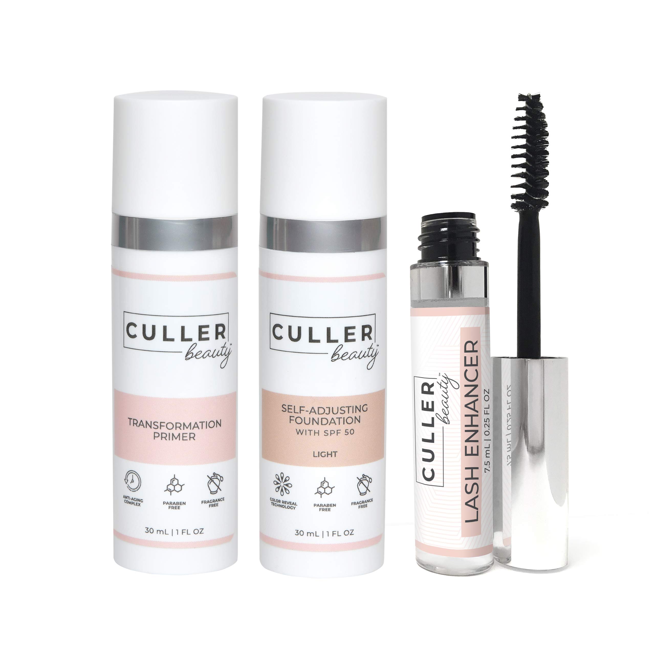 CULLER BEAUTY Ultimate Beauty Package - Makeup Kit with Matte Primer, Color Changing Foundation, & Lash Enhancer Serum (Light)