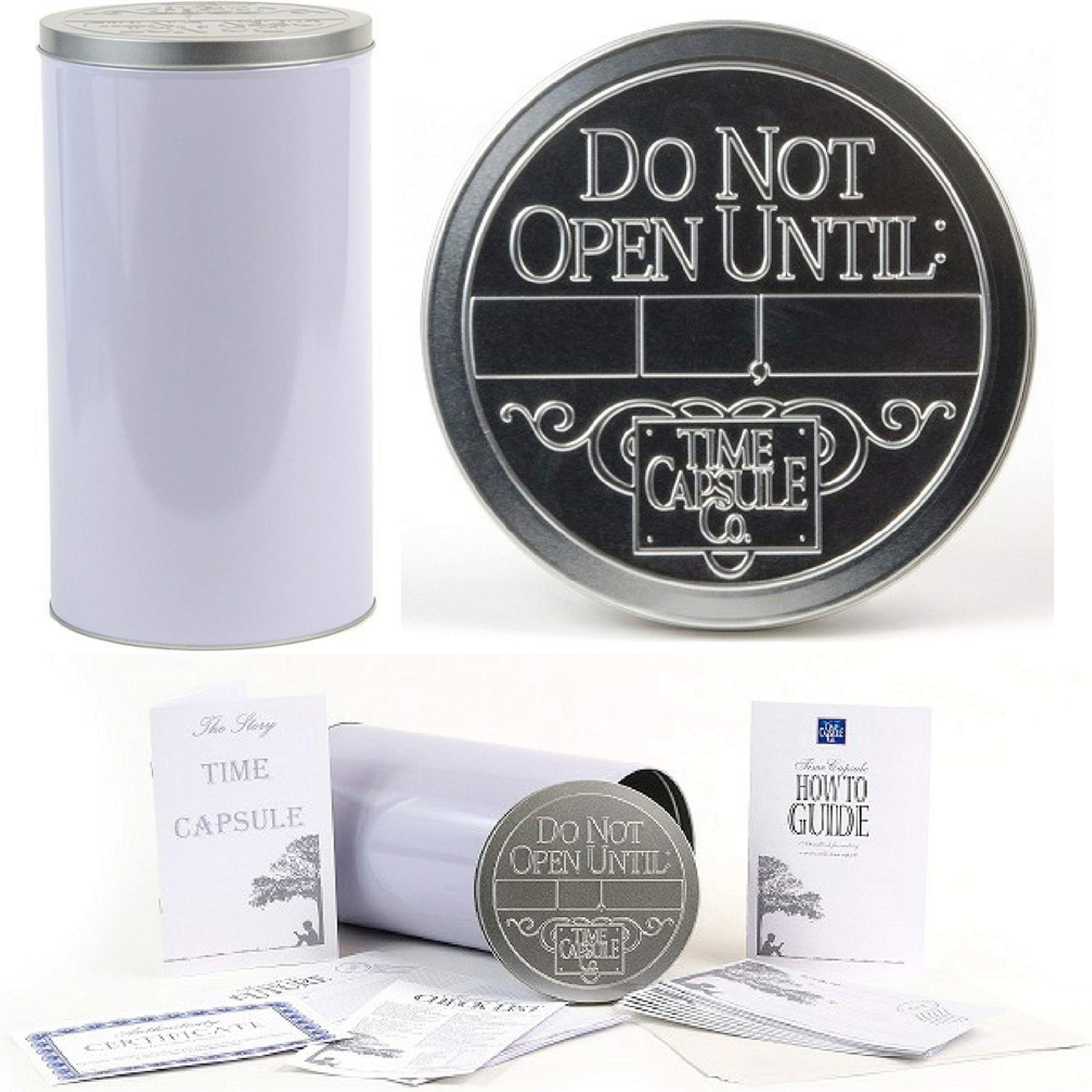 DIY Gifts - Time Capsule Keepsake Kit Storage Container Tin for Any Occasion Party Celebration - Message to The Future - Memory Decorative Craft- Personalize w/Your Photos Scrapbook Embellishments