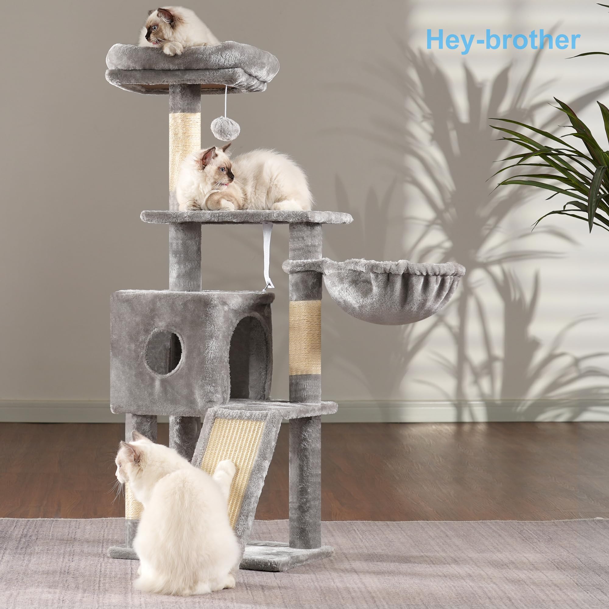 Hey-brother Árbol rascador para gatos, 108 cm, para interiores, varios pisos para gatitos, con columnas para rascar, rampa, cesta, espacioso agujero para gatos y juguete con pompón colgante, gris