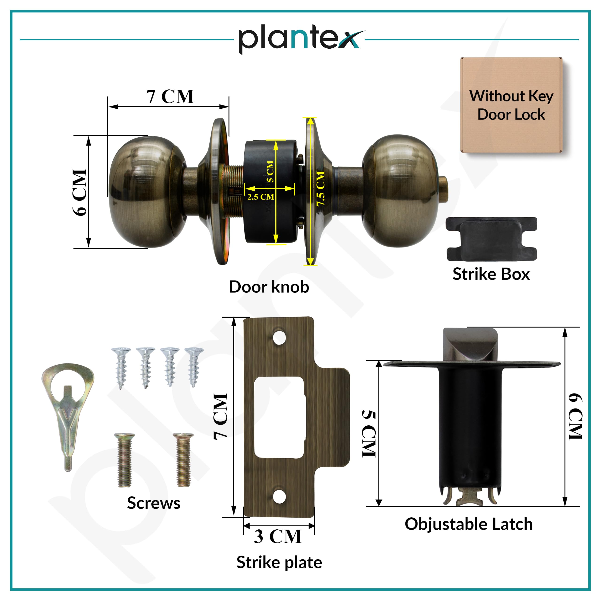 Plantex Bathroom Door Lock/Keyless Cylindrical Lock for Bathroom/Balcony/Tubular Door Knob/Handle (Without Key-Brass Antique) 1
