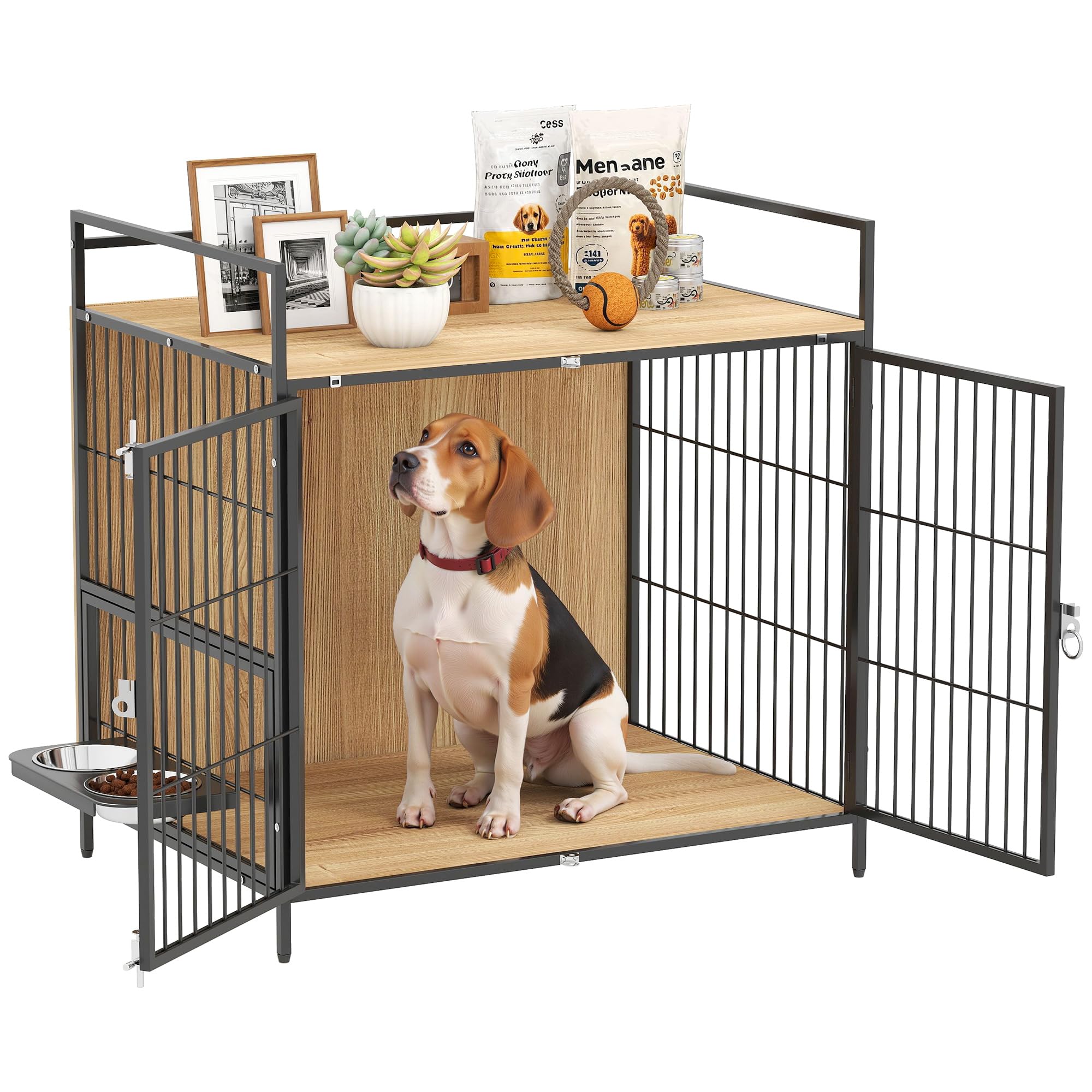 PawHut Dog Cage Pet House with 2 Doors and Modern Side Table with Swivel Stand 2 Bowls and Top Storage Rack for Medium Dogs 80x56x76.5cm Oak