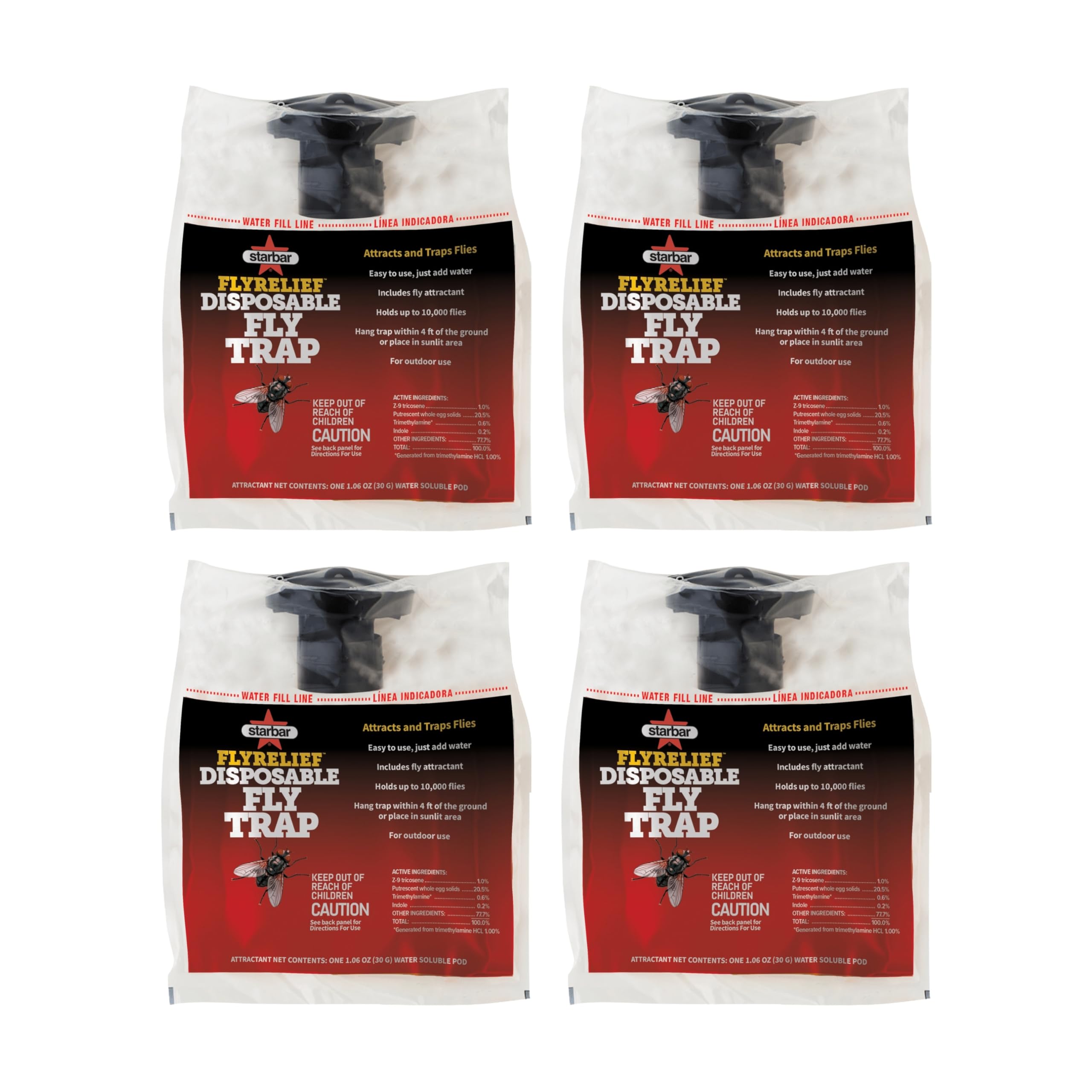 Starbar FlyRelief - Bolsa desechable para Trampa de Moscas, Paquete de 4, Control de Moscas para Exteriores con atrayente Probado, Solo Tienes Que añadir Agua, Trampa para Moscas de Alta Capacidad