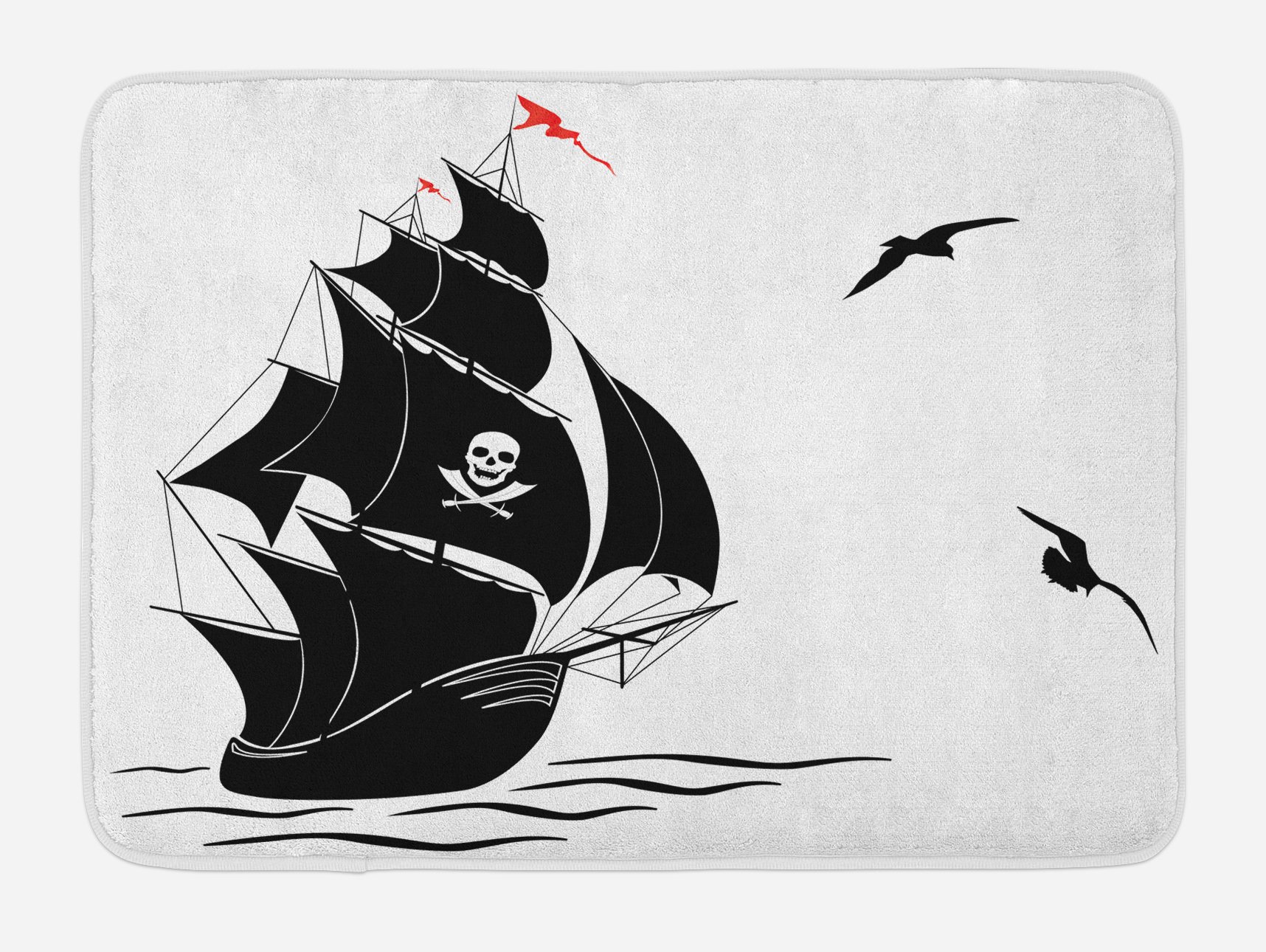 Lunarable Pirate Bath Mat, Silhouette of Old Sail Pirate Ship Flying Seagulls Ocean Waves Jolly Roger, Plush Bathroom Decor Mat with Non Slip Backing, 29.5" X 17.5", White Black