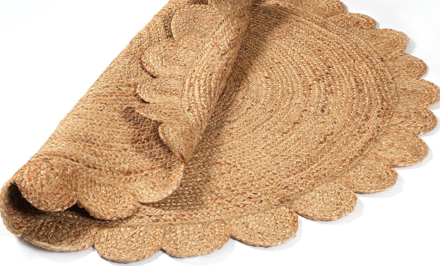 Tapis indien tressé à la main en jute naturelle tissée à la main, motif festonné, tapis bohème pour salle à manger, cuisine, couloir, chambre d'enfant (ovale, 60 x 90 cm)