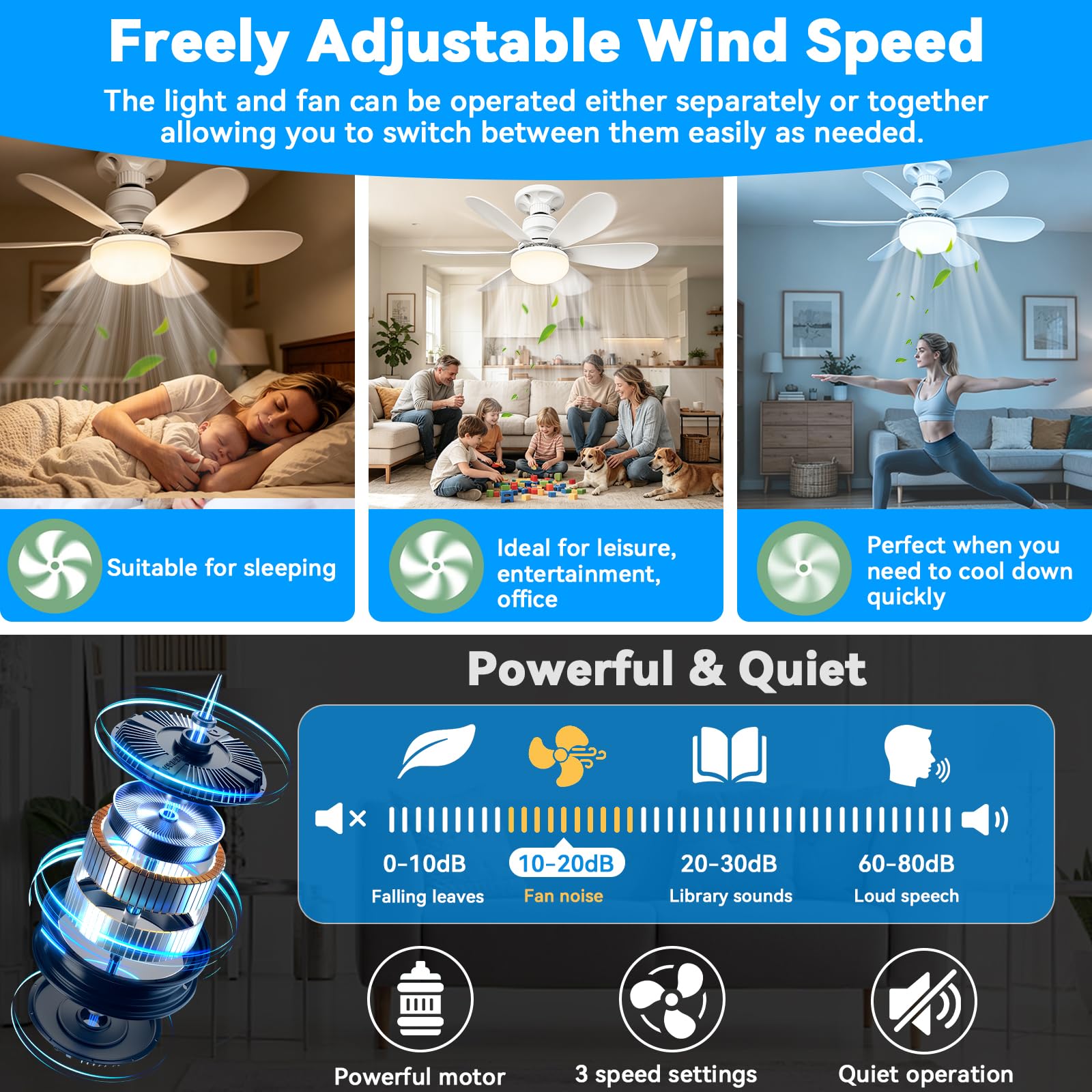 Ventilatore da Soffitto con Luce e Telecomando, 52 cm, 40 W, Ventilatore a Soffitto LED con Portalampada E27, Dimmerabile a 3 Modalità, 3 Velocità, per Soggiorno, Camera da Letto e Sala da Pranzo