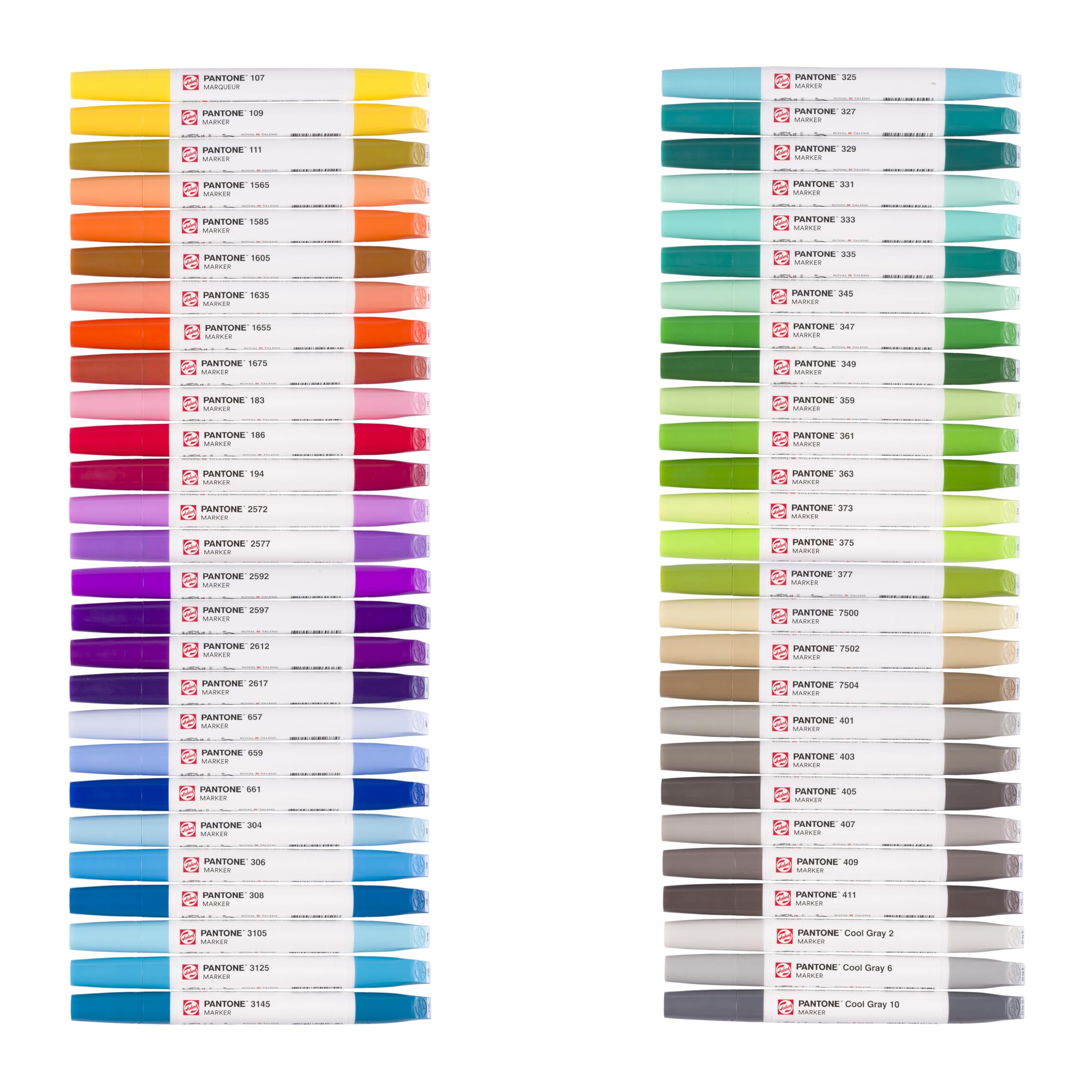 Talens Zestaw 54 markerów Pantone z podwójną końcówką ze szczotką i stalówką dłutową, atrament pigmentowany na bazie wody, w kolorach Pantone