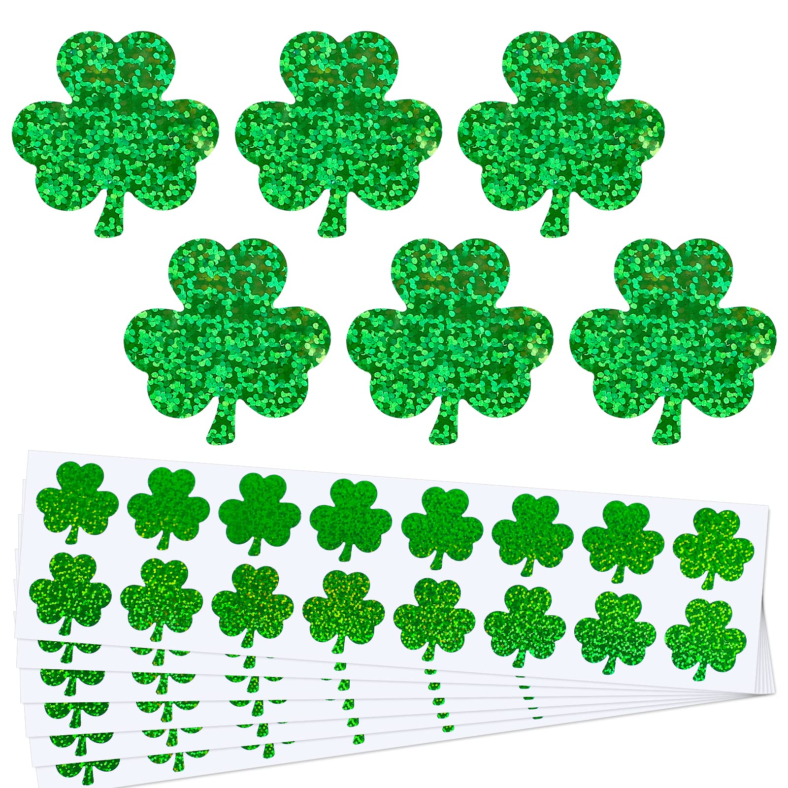 Whaline 800Pcs Shamrock Shape Glitter Stickers St. Patrick's Day Holographic Stickers Lucky Clover Shinny Label Tag Self-Adhesive Stickers for Irish Holiday Party Boxes Cards Seal Envelopes