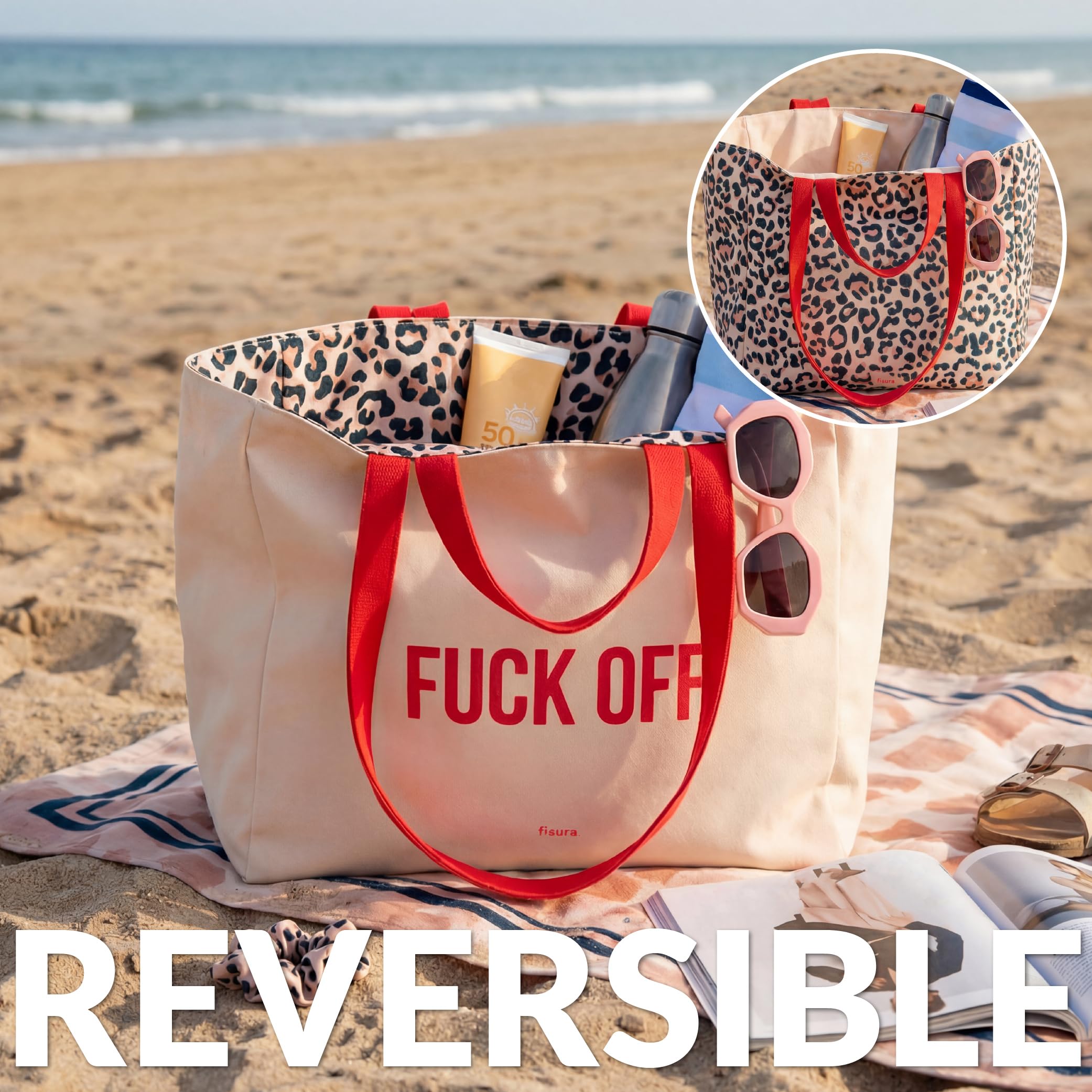 Fisura – Oryginalna torba plażowa „Fuck off”. Duża dwustronna torba plażowa beżowa w panterkę. Bawełniana damska tote bag XXL. Torba materiałowa na podróż, zakupy lub plażę.