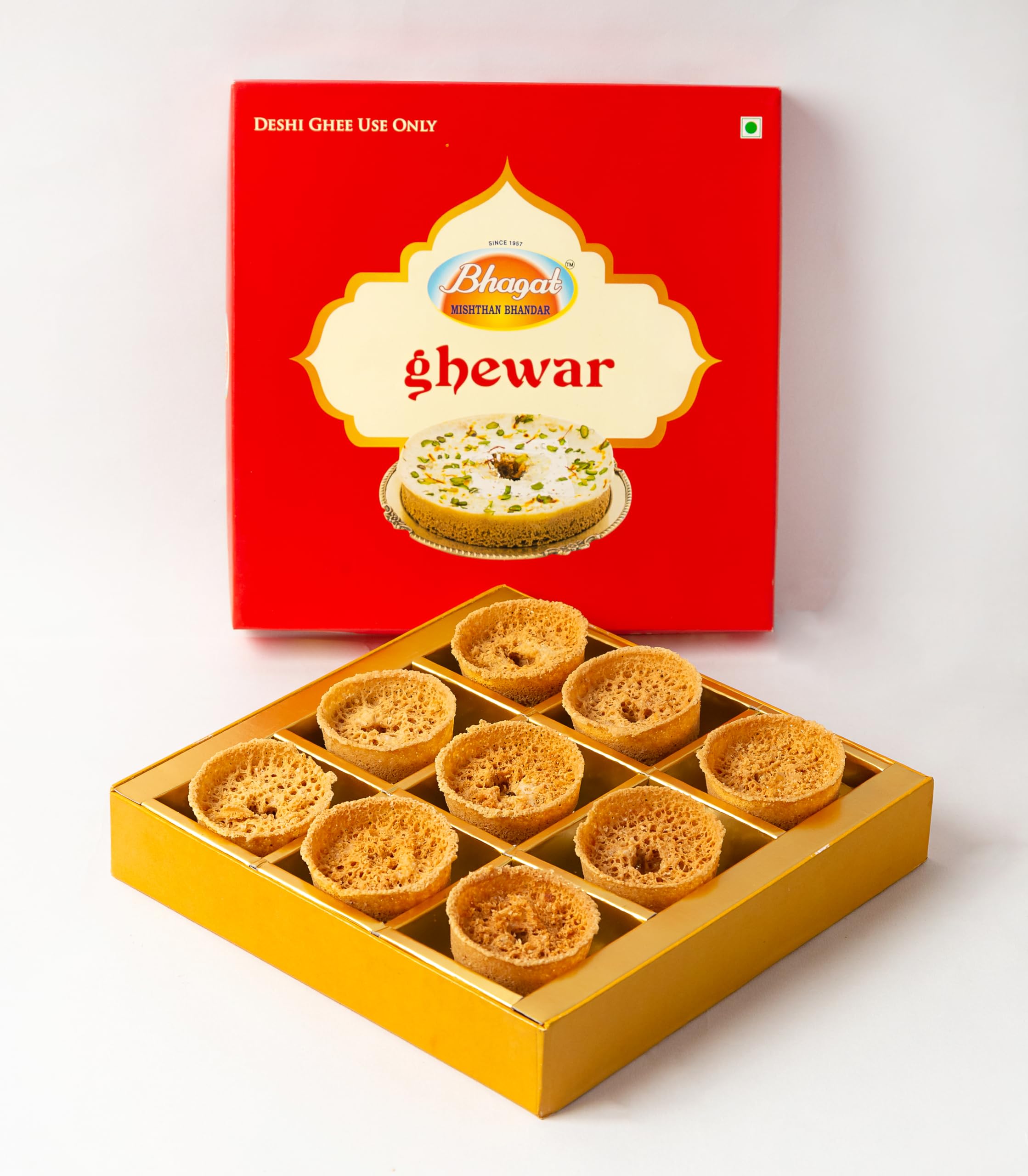 Bhagat Mishthan Bhandar Mini Desi Ghee Ghewar | Traditional Indian Sweet | Rajasthani Sweet | Without Sugar Ghewar | Unsweetened Ghewar (2 inch, Pack of 9 Piece) (B09SHRXY6Y) Amazon Price History, Amazon Price Tracker