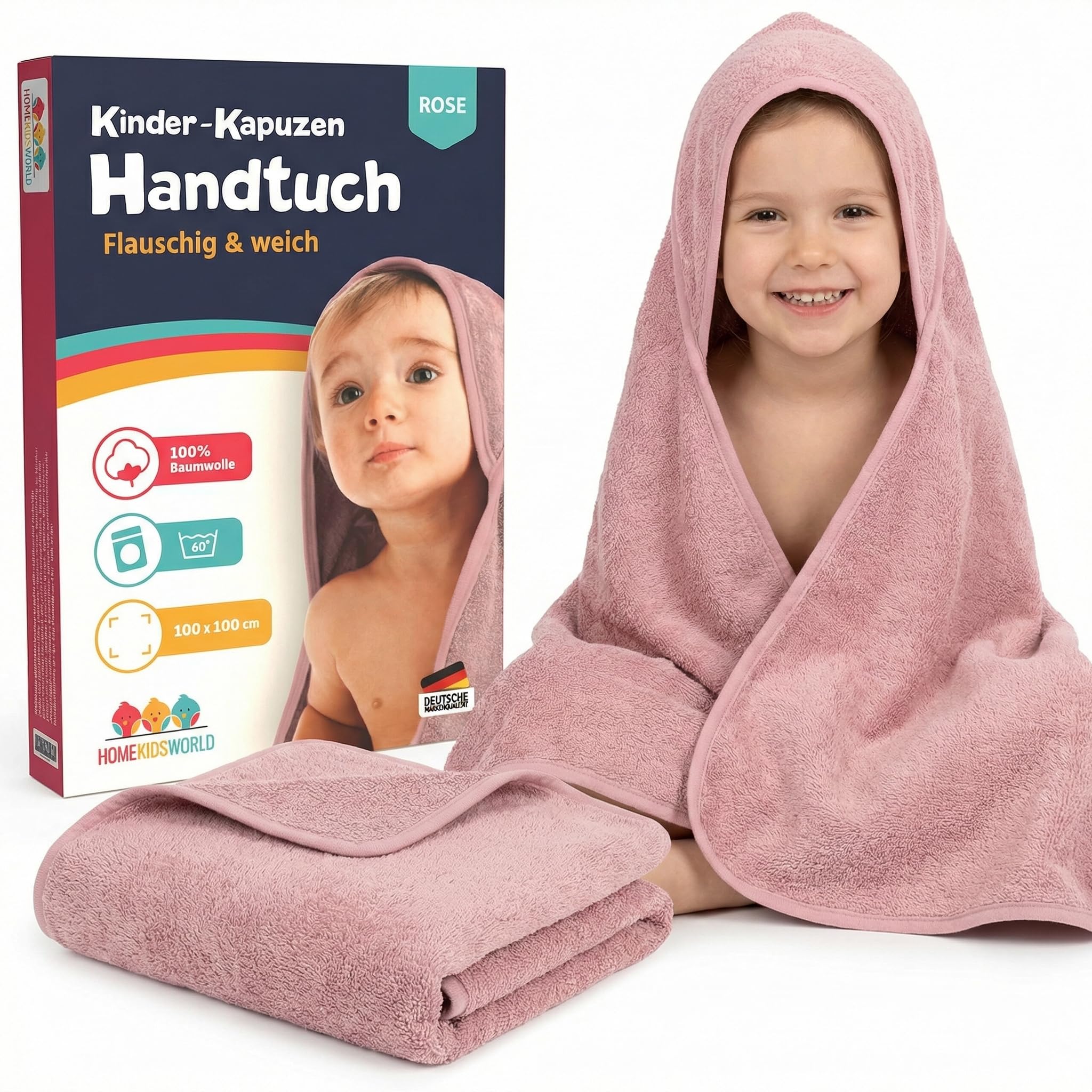 Home Kids World Kapuzenhandtuch Baby 100x100 cm (Rose) – Weiches & saugstarkes Badetuch mit Kapuze – Kuscheliges Handtuch für Babys & Kinder inkl. Geschenkbox