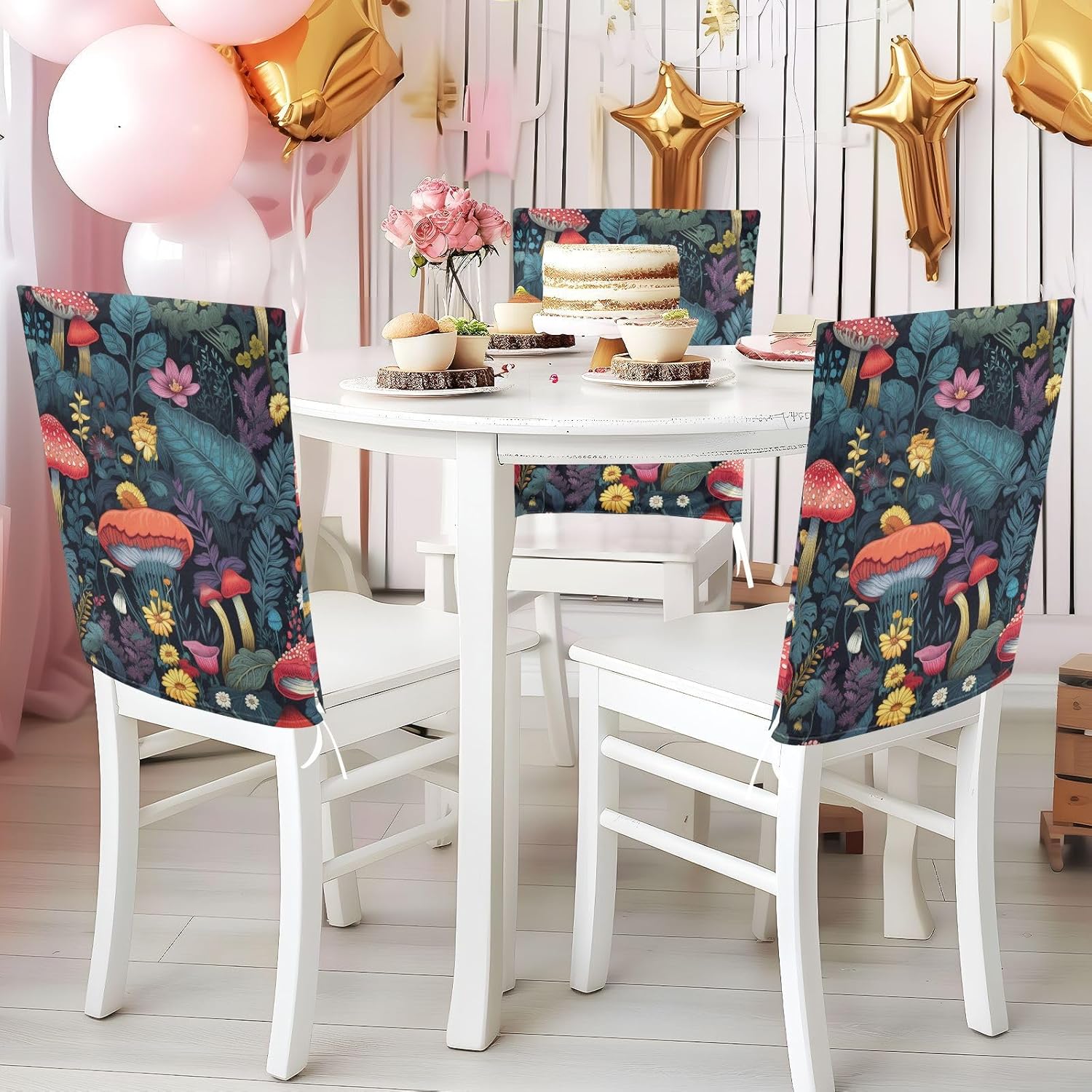 ALAZA Vintage Mushroom Flowers Chair Back Cover Set of 6, Washable Reusable Removable Chair Slipcovers Decorative Chair Cover for Home Kitchen Wedding Party