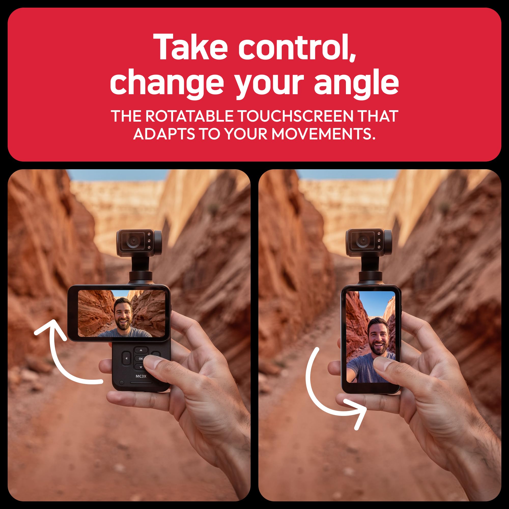 AGFA PHOTO Gimbal Realimove MC3X - Caméra Stabilisateur 3 Axes 4K Ultra HD, Écran Tactile Rotatif 3,5", 20 MP, Suivi de Visage, Vision Nocturne, Grand Angle 120°, Wi-FI, Autonomie 170 Min - Noir