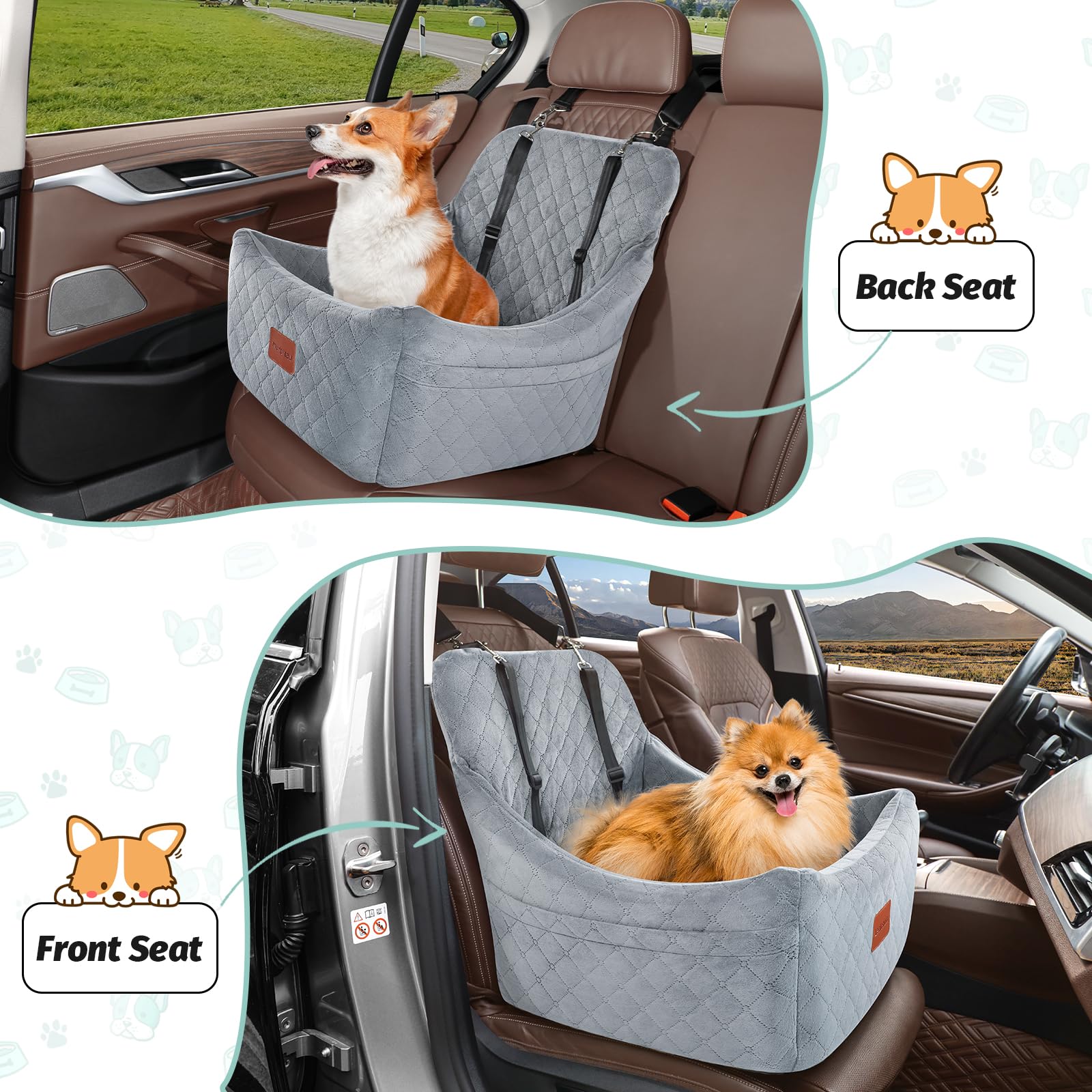 Lealchum Asiento de coche para perros medianos de hasta 35 libras, totalmente desmontable y lavable, fácil de instalar con correas ajustables, cama inferior antideslizante para mascotas, 2 bolsillos