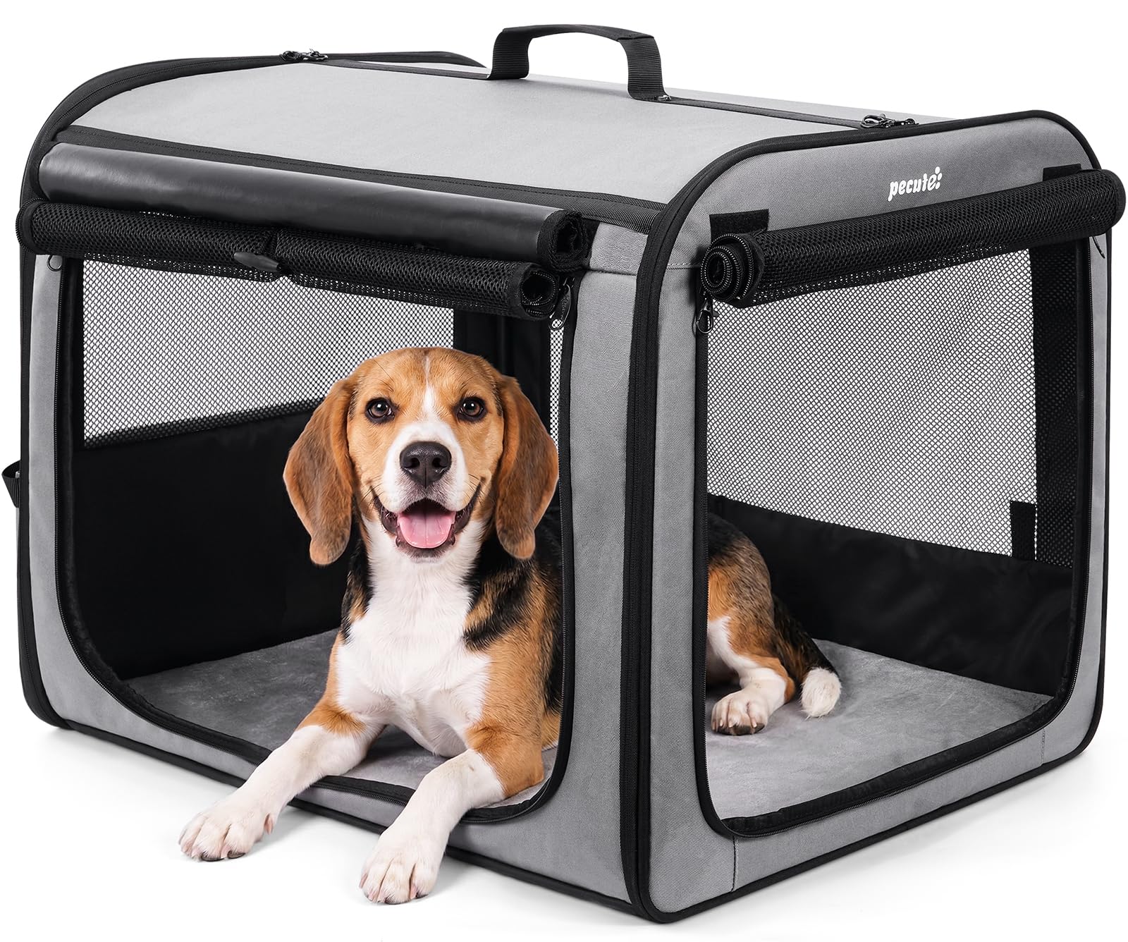 pecute Large Dog Car Carrier Light Weight, 68.5×52×52cm Dog Carrier for Cars, Portable Dog Car Crate with Breathable Windows, Stable Pet Carrier for Both Indoor and Outdoor Use, Pet Travel Crate Grey