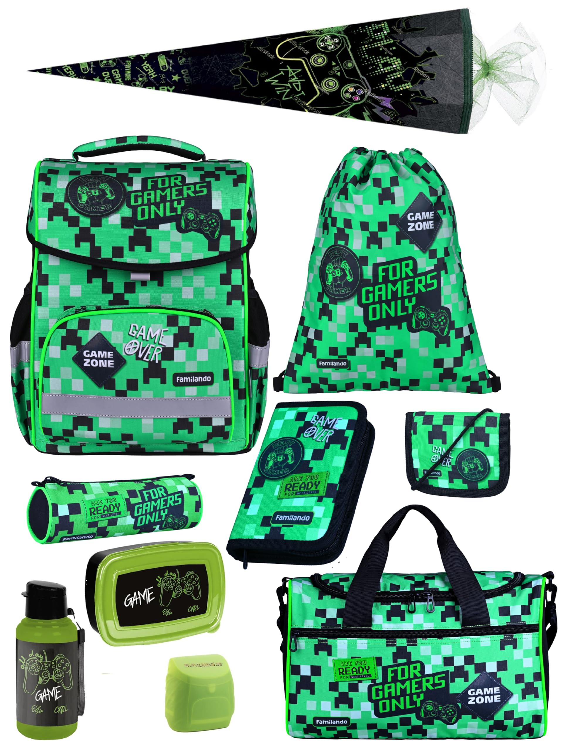 Familando - Basic Plus Schulranzen Set 10-teilig mit Schultüte - Playworld Gaming Pixel - Ergonomisch, stabil & mit gepolstertem Rücken - 850g leicht - 15L Volumen - Mit Reflektoren - Ab 1. Klasse