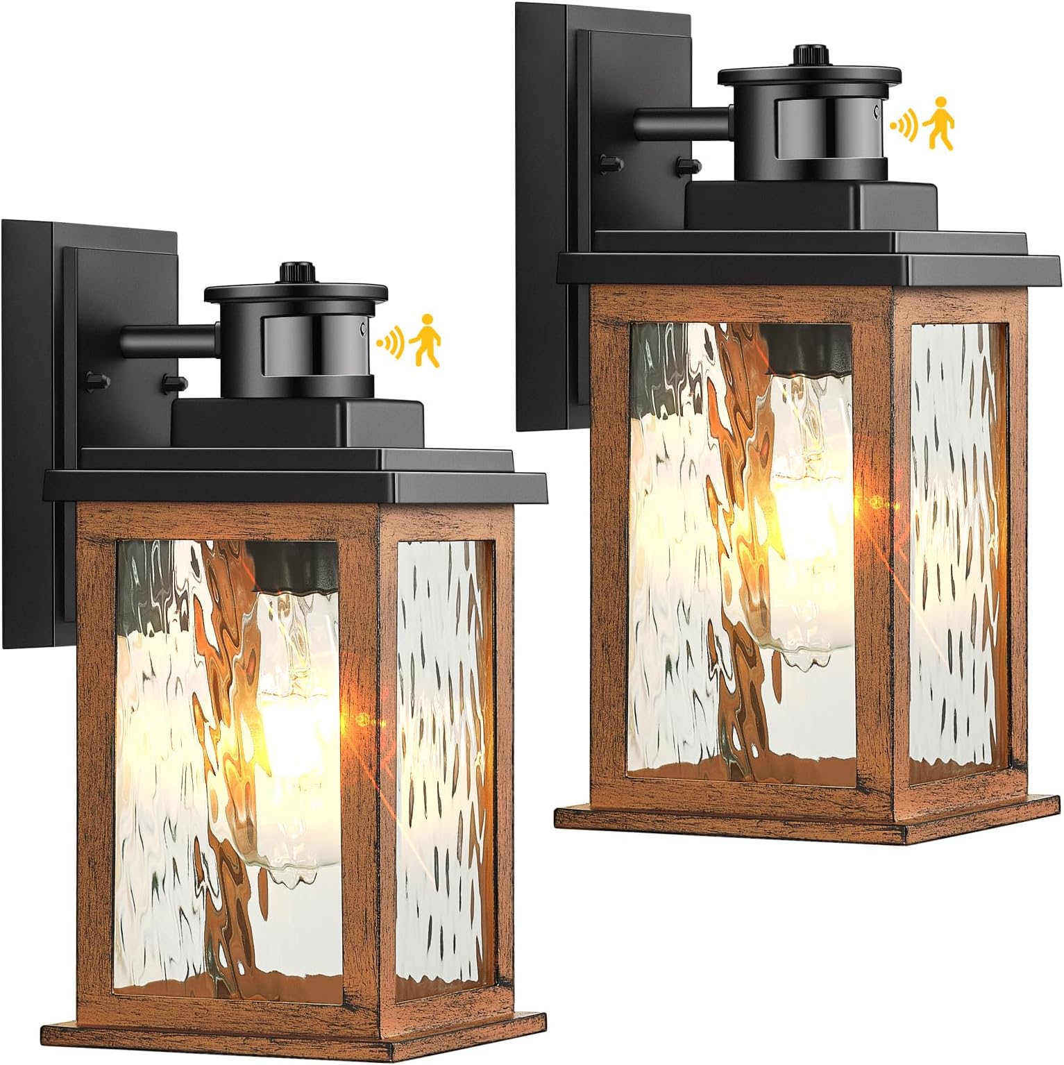 VIANIS 2 Packs Dusk to Dawn Outdoor Lighting for House, Wood Grain Motion Sensor Outdoor Lights Fixture, Garage Light Sconce Wall Mount, Lantern with Waterproof, Anti-Rust 100%, Weather Resistant