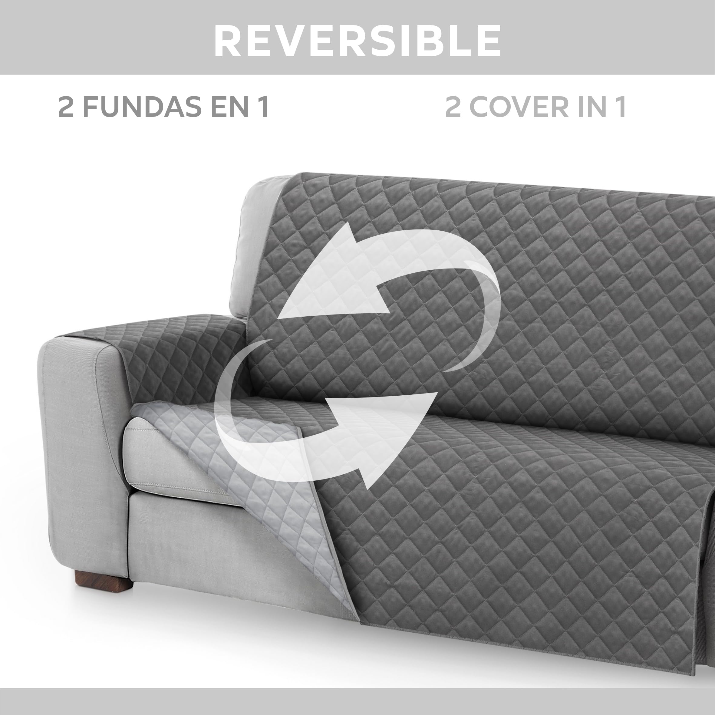 Textilhome Copridivano Malu 3 Posti (160cm) – Salvadivano Trapuntato Reversibile Universale, Protezione Antigraffio, Fodera Imbottita per Divano, Colore Grey